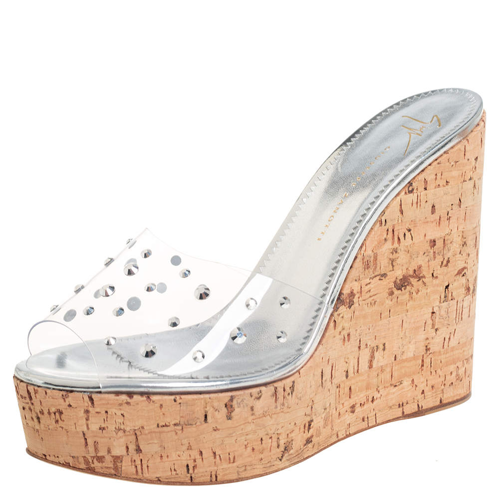 Pre Owned Giuseppe Zanotti Silver PVC Crystal Embellished Platform Wedge Slide Sandals Size 38.5