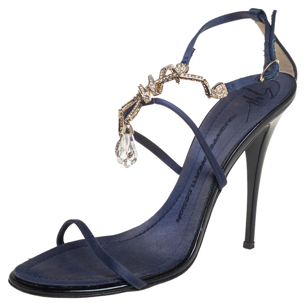 Pre Owned Giuseppe Zanotti Blue Satin Embellished Sandals Size 38.5