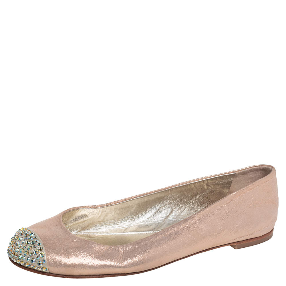 Pre Owned Giuseppe Zanotti Metallic Beige Leather Crystal Embellished Cap Toe Ballet Flats Size 38