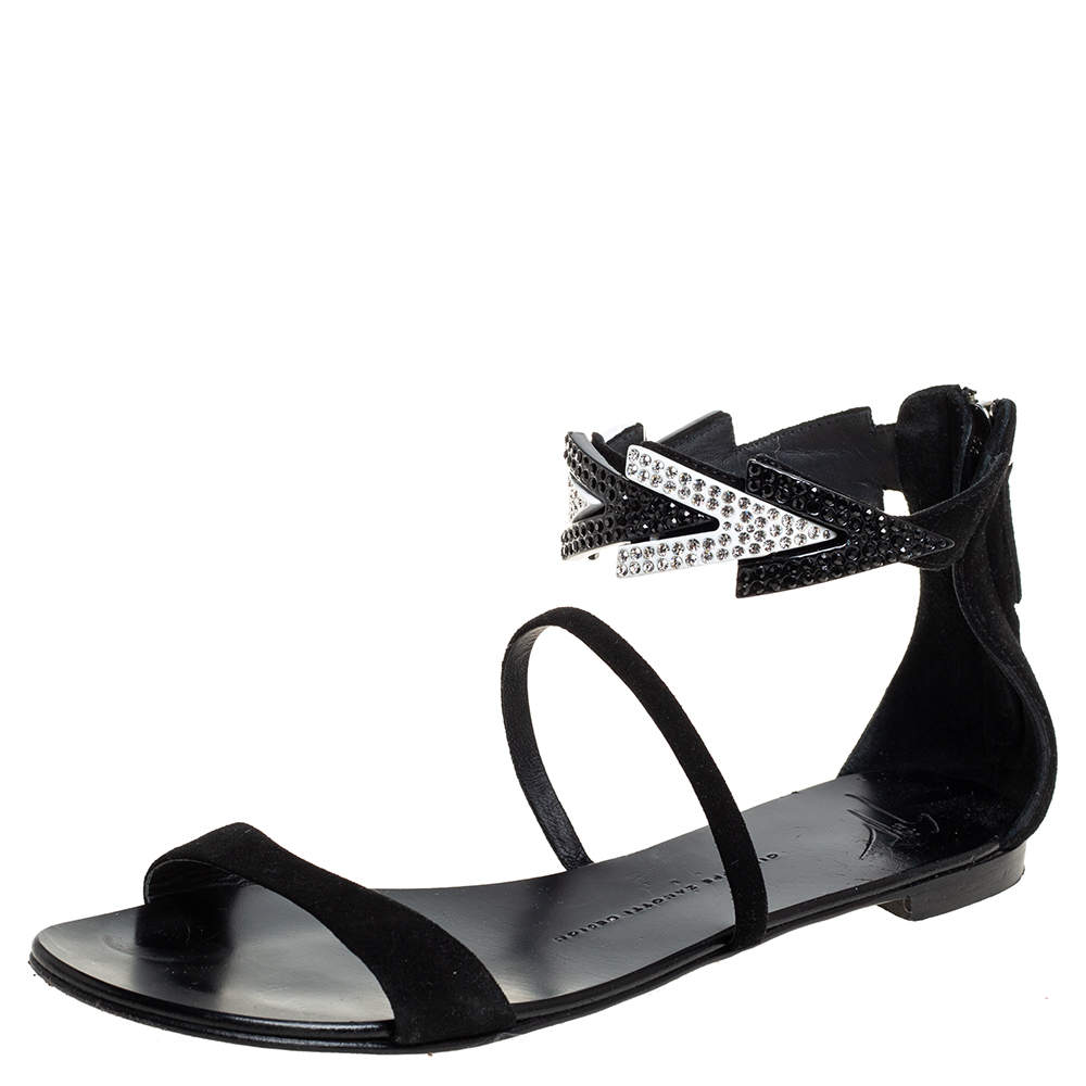 Giuseppe Zanotti Black Suede Embellished Flat Ankle Strap Sandals Size 39