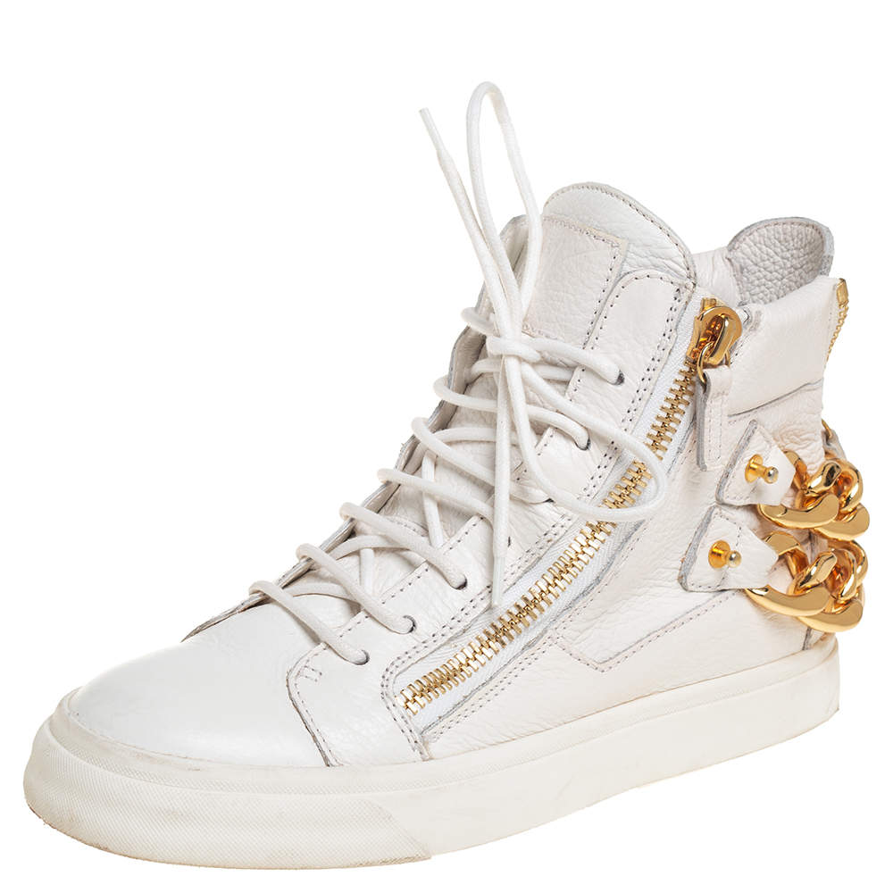 Pre Owned Giuseppe Zanotti White Leather High Top Chain Embellished Sneakers Size 37