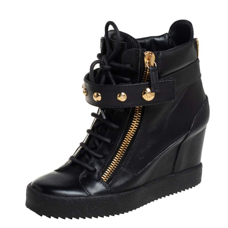Pre Owned Giuseppe Zanotti Black Leather Wedge Sneakers Size 40