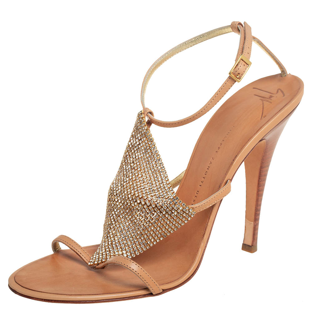 مملوكة مسبقًا Giuseppe Zanotti Tan Leather Crystal Embellished  Sandals Size 41
