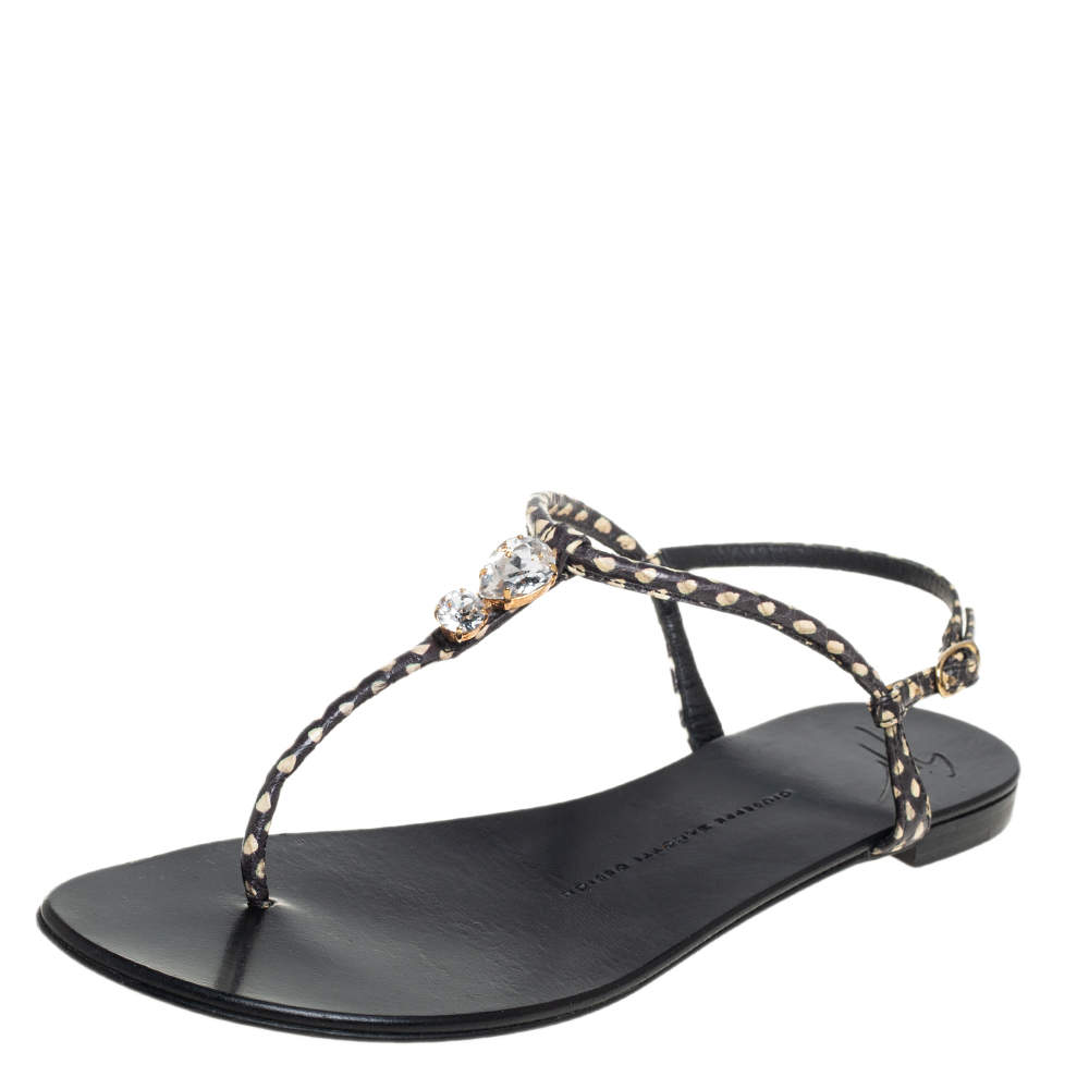 Giuseppe Zanotti Beige/Brown Python Embossed Leather  T Strip Sandals Size 38.5