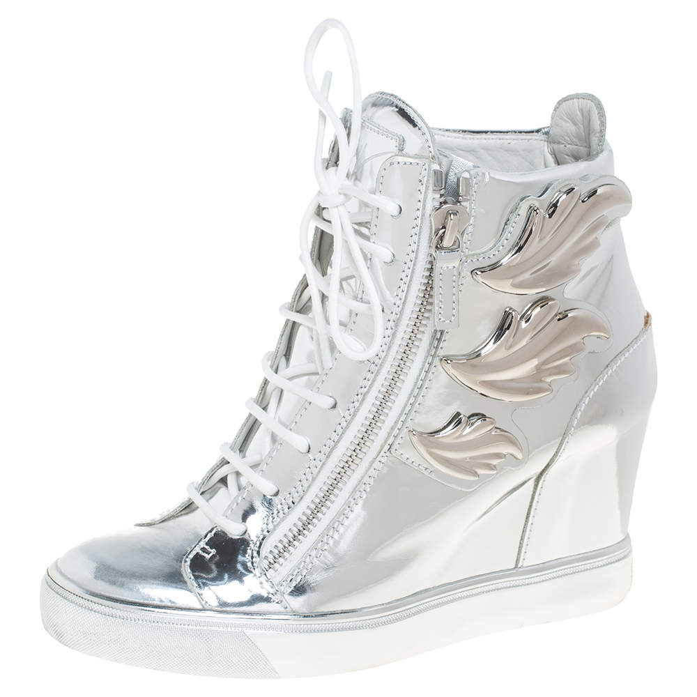 Pre Owned Giuseppe Zanotti Metallic Silver Leather Wings Double Zip Wedge Sneakers Size 40