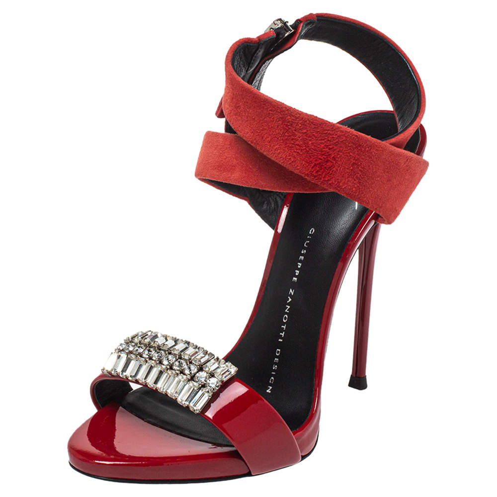Pre Owned Giuseppe Zanotti Red Suede And Patent Leather Embellished Sandals Size 36