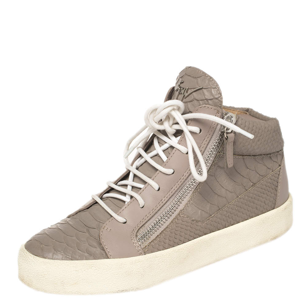 Giuseppe Zanotti Grey/Lilac Python Embossed Leather Double Zip High Top Sneakers Size 38
