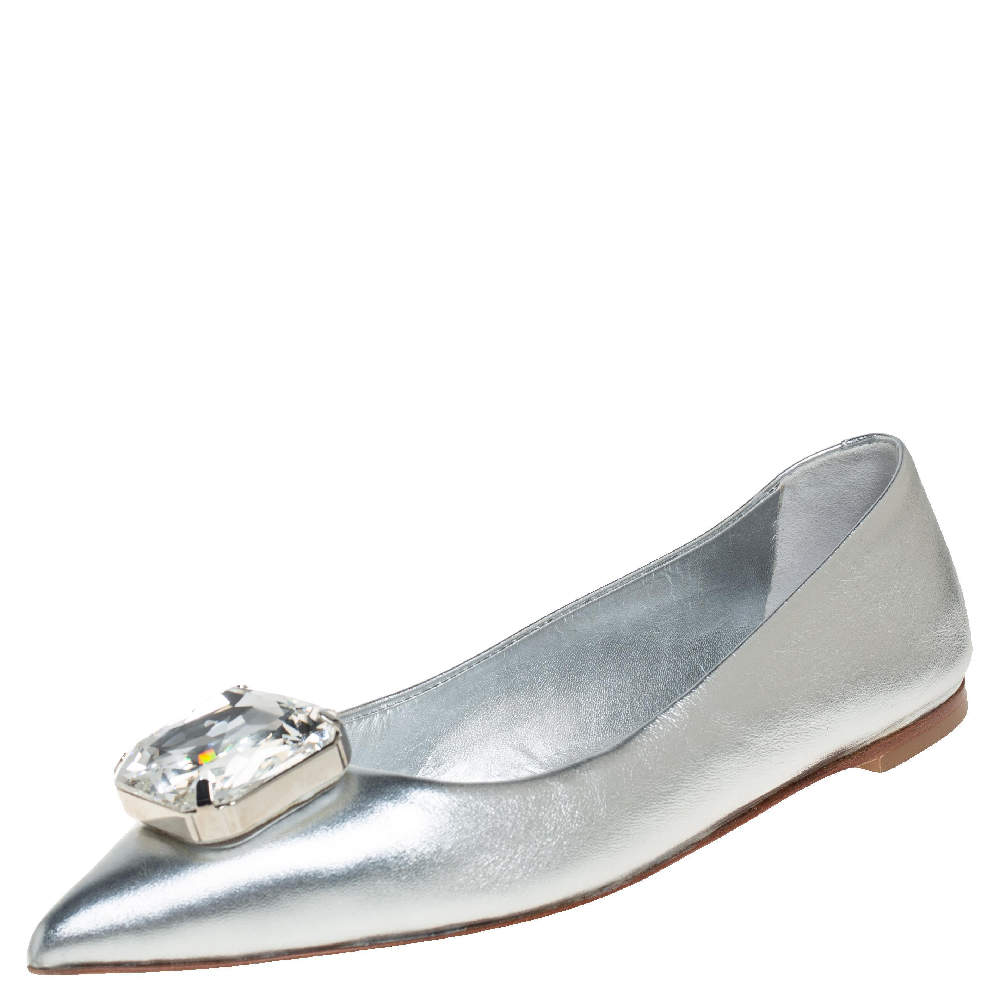 Pre Owned Giuseppe Zanotti Silver Leather Crystal Embellished Ballet Flats Size 40.5