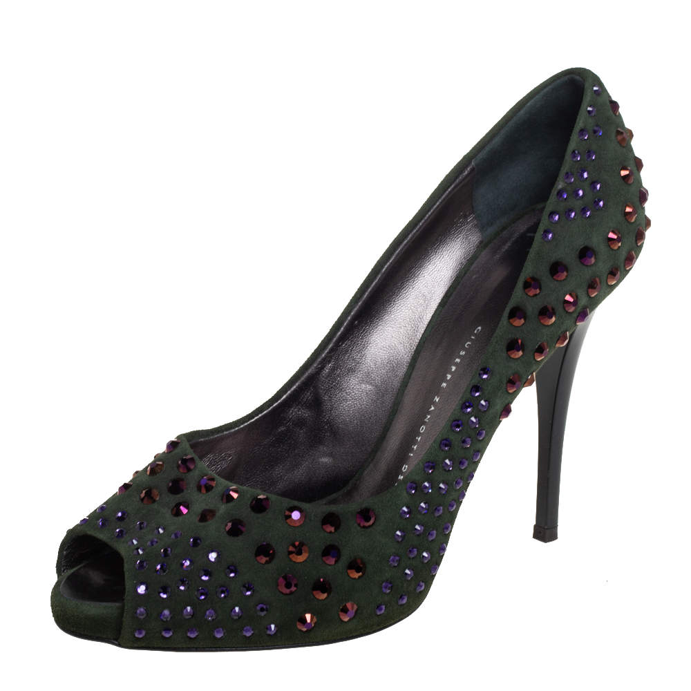 Pre Owned حذاء كعب عالي جوسيبي زانوتي مزخرف كريستال مقدمة مفتوحة سويدي أخضر مقاس 39.5