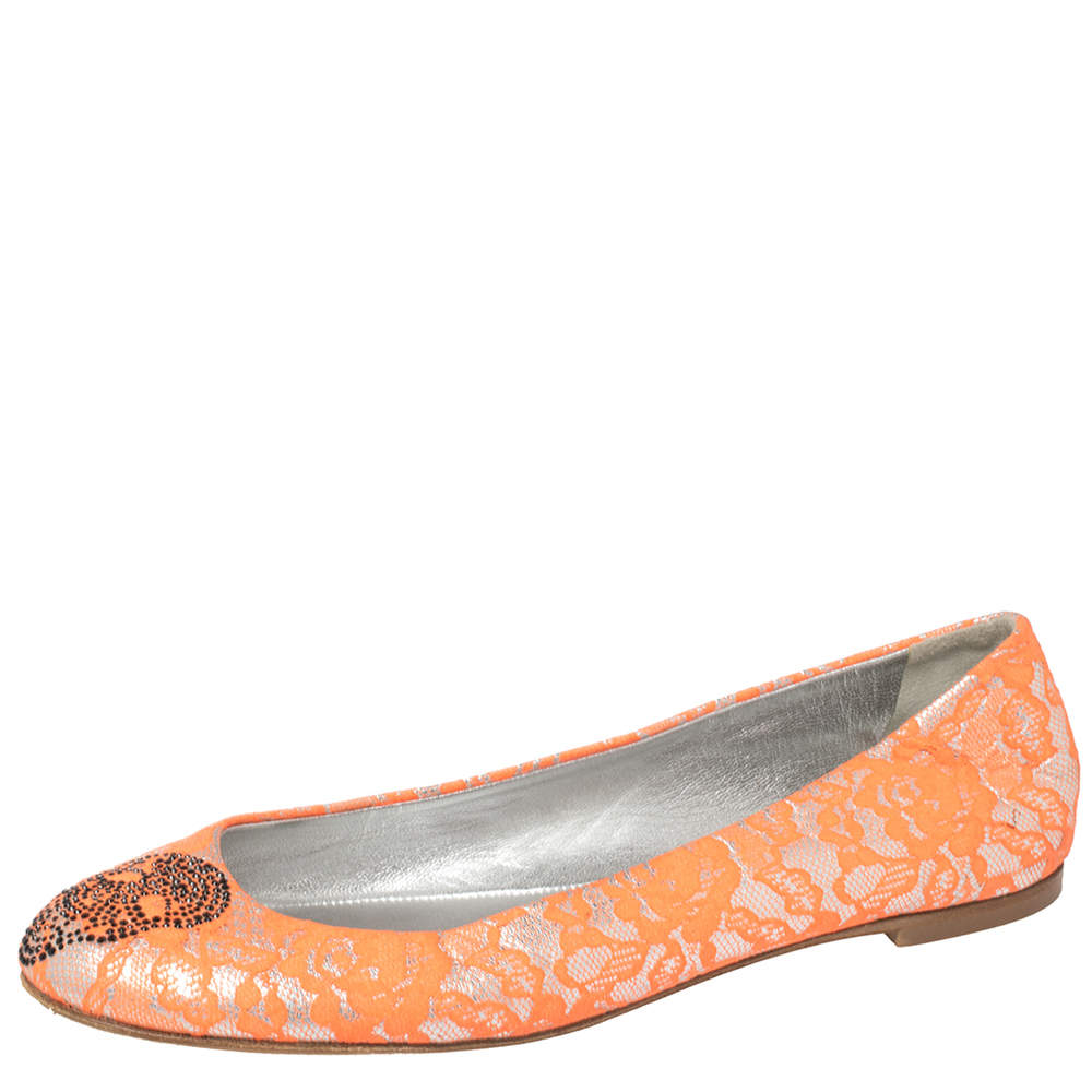 Pre Owned Giuseppe Zanotti Silver/Orange Lace Crystal Skull Ballet Flats Size 39