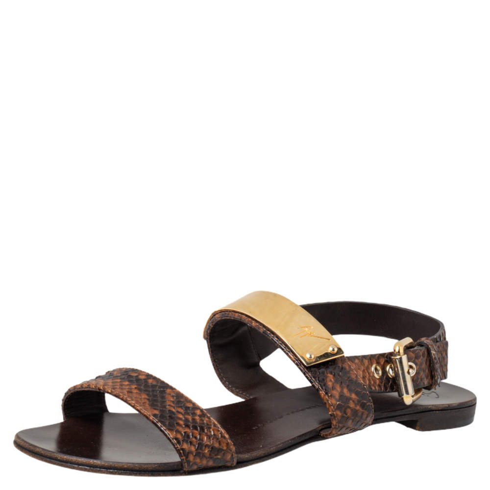 Giuseppe Zanotti Brown Python Embossed Leather Slingback Flat Sandals Size 39