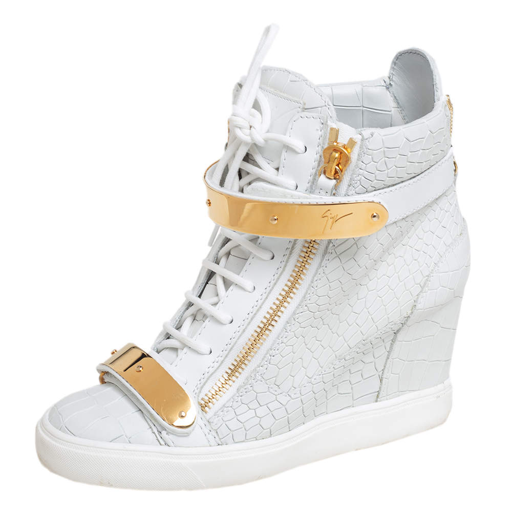 Pre Owned Giuseppe Zanotti White Croc Embossed Leather Lorenz Wedge High Top Sneakers Size 39