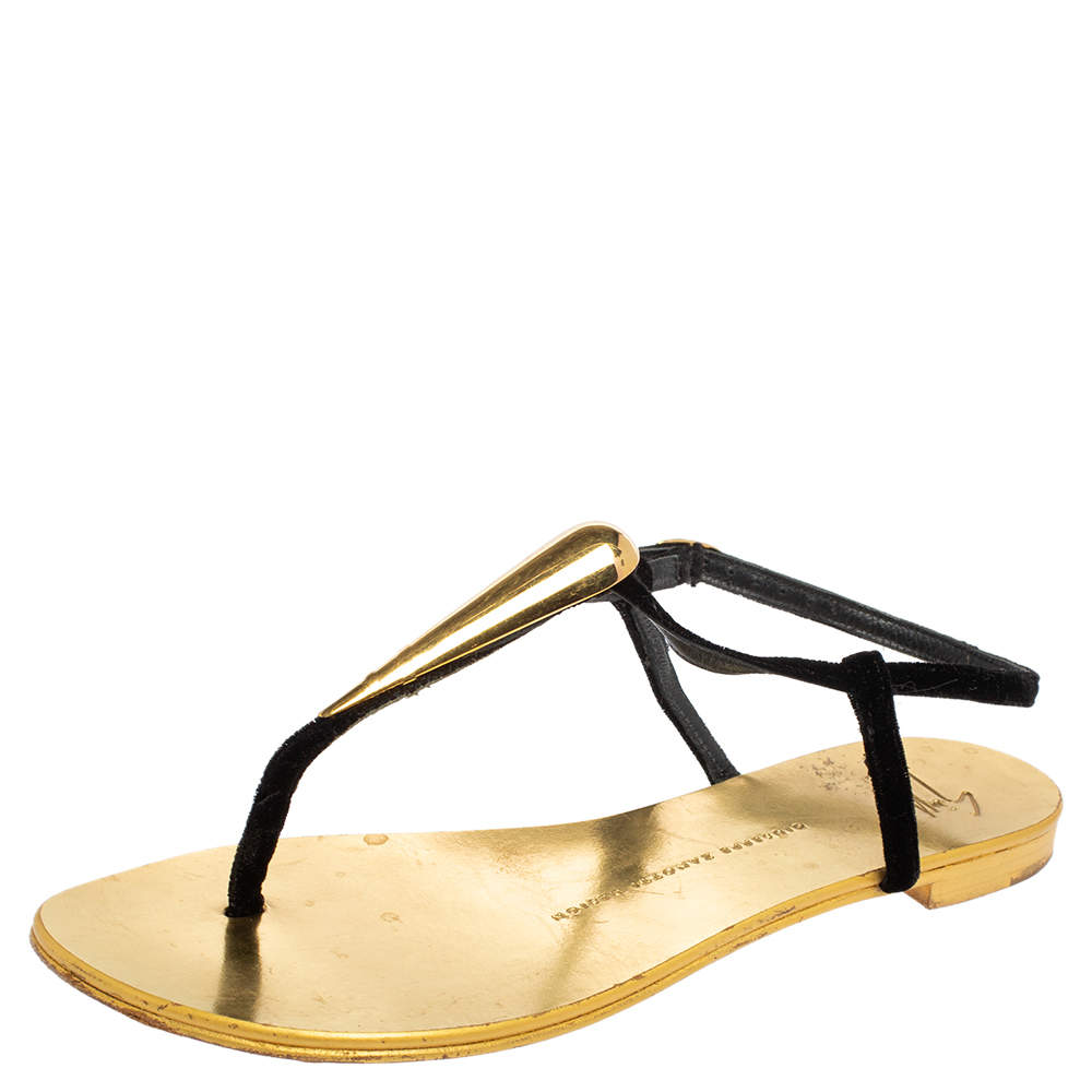 Giuseppe Zanotti Gold/Black Suede and Leather Thong Flats Size 38.5