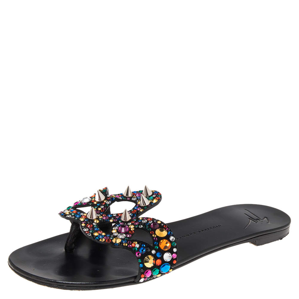 Pre Owned Giuseppe Zanotti Black Suede Crystal Embellished Flats Size 38 