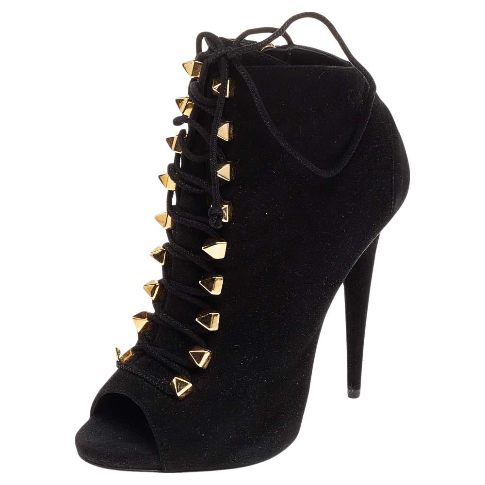 Giuseppe Zanotti Black Suede Lace Up Booties Size 38
