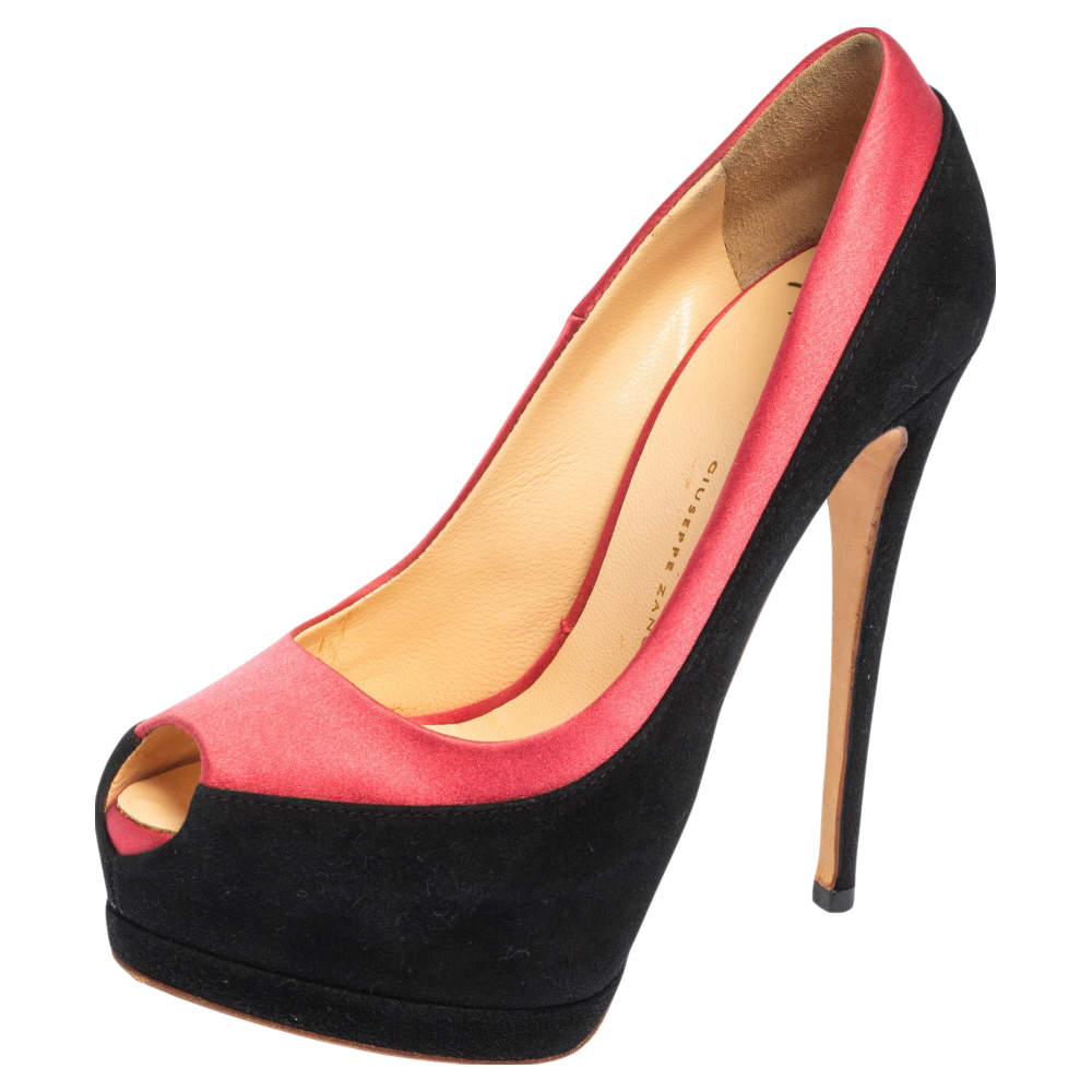 Pre Owned Giuseppe Zanotti Black/Pink Suede and Satin Peep Toe Platform Pumps Size 36