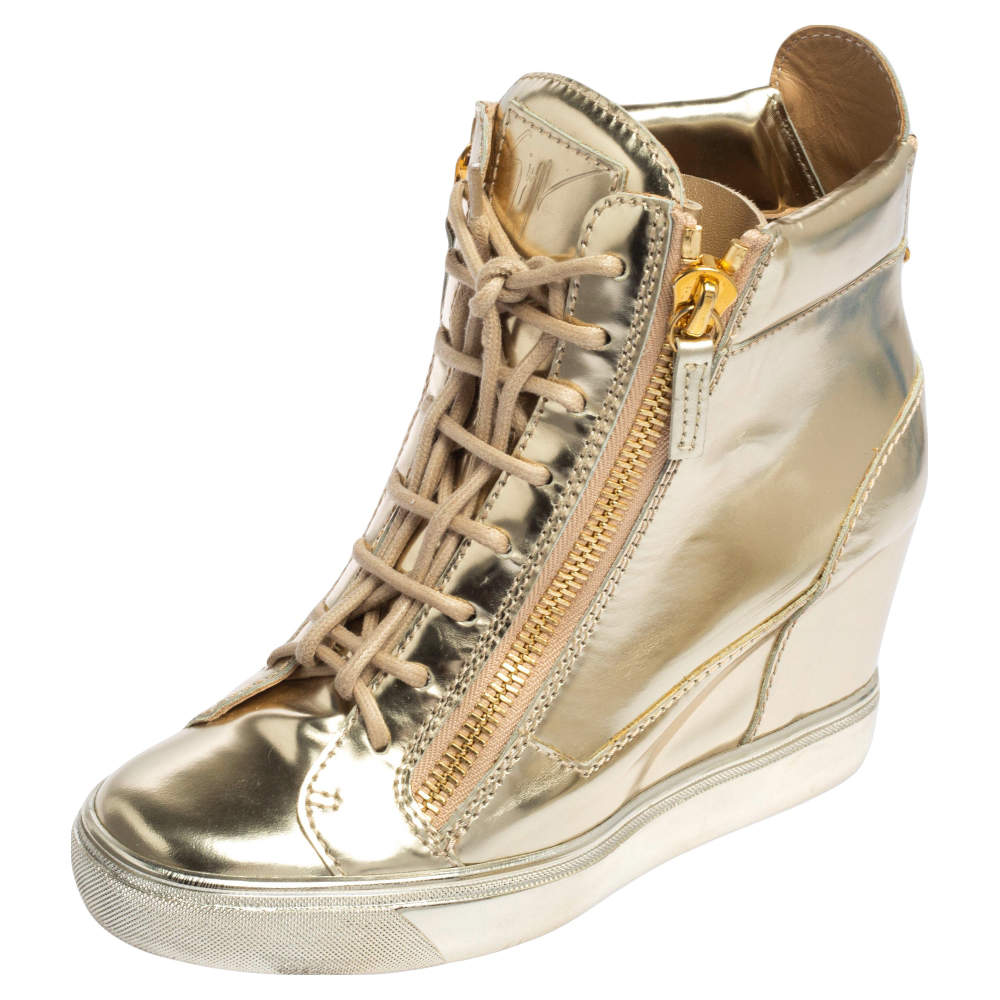 Pre Owned Giuseppe Zanotti Rose Gold Leather High Top Wedge Sneakers 37