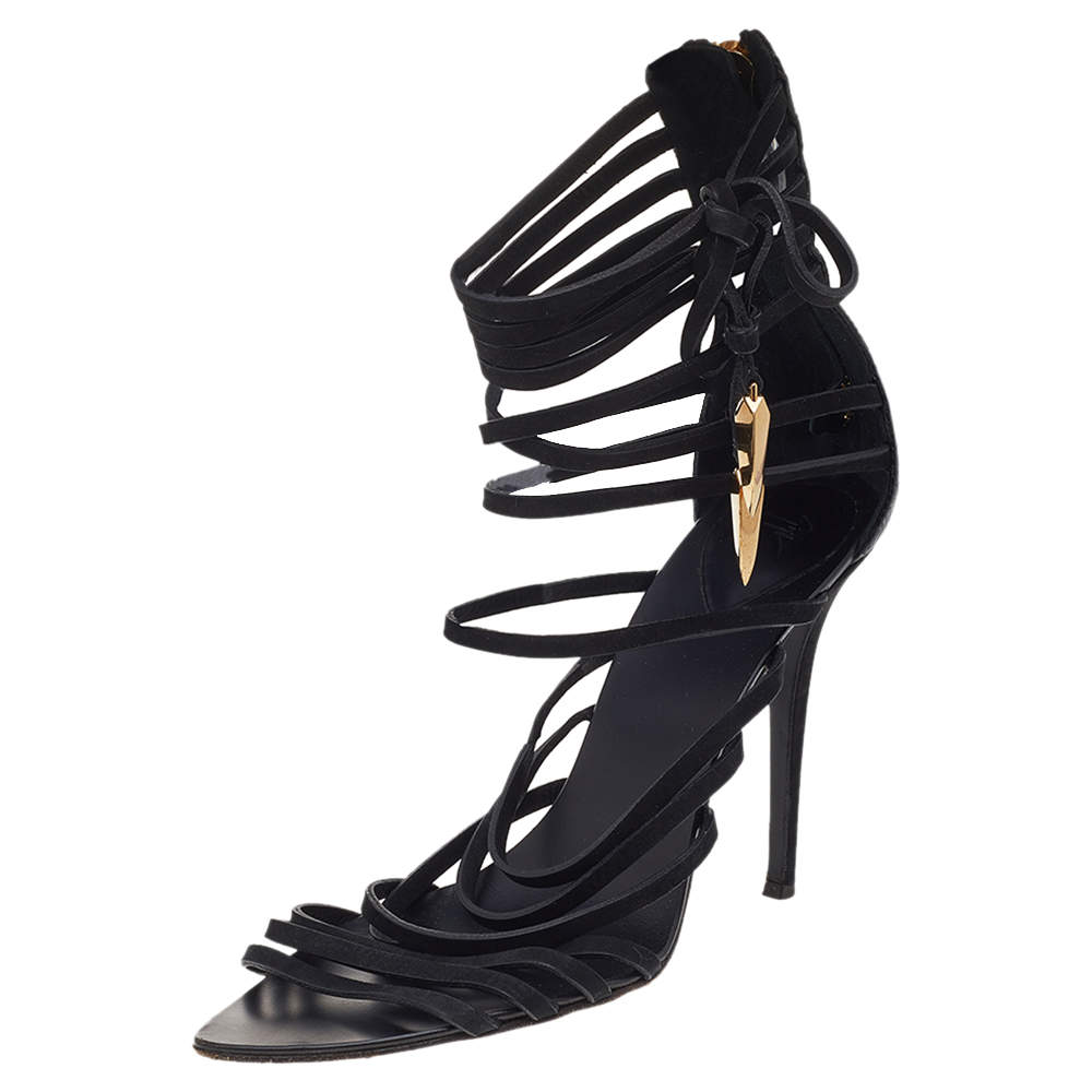 Pre Owned Giuseppe Zanotti Black Nubuck And Lizard Embossed Leather Strappy “Mortisia” Sandals Size 40