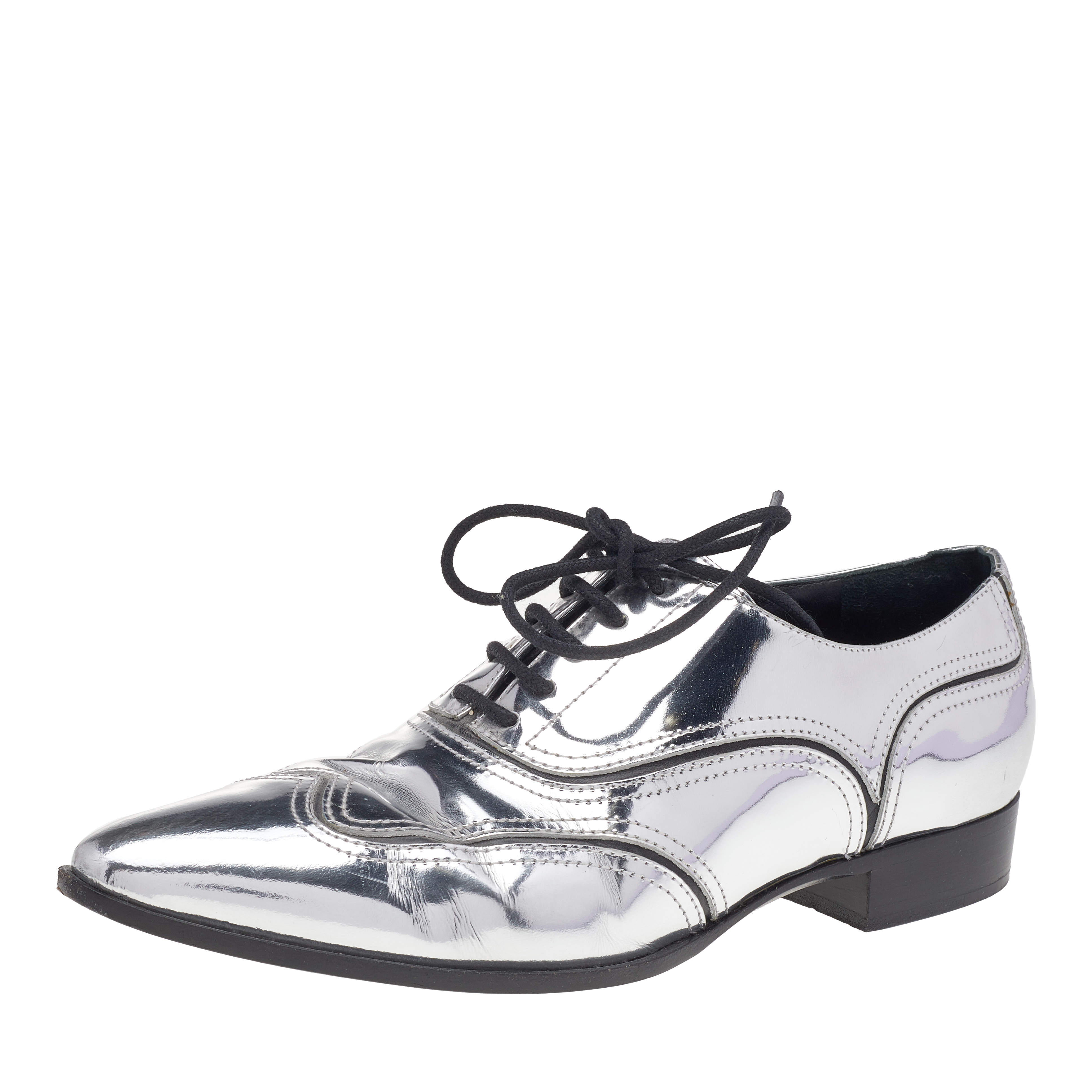 Pre Owned Giuseppe Zanotti Metallic Silver Patent Leather Lace Up Oxfords Size 37