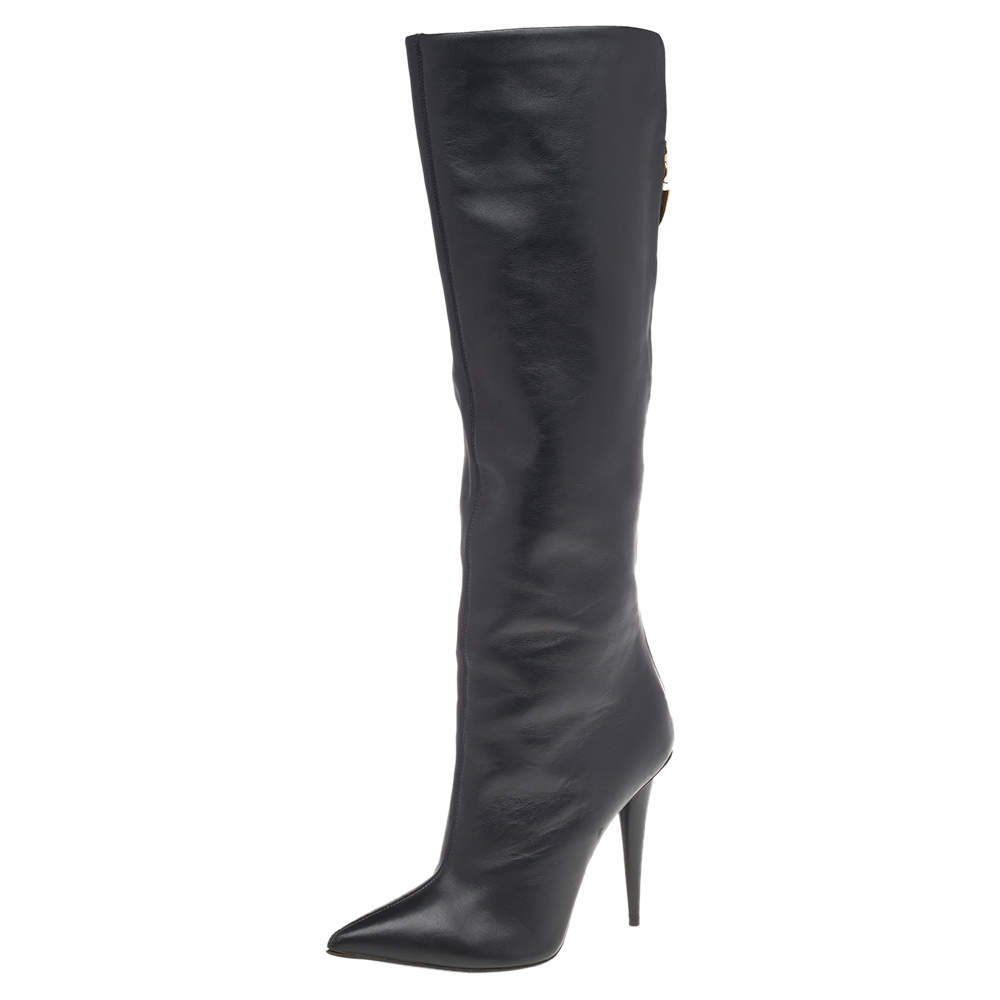 Pre Owned Giuseppe Zanotti Black Leather Pointed Toe Knee Length Boots Size 38.5