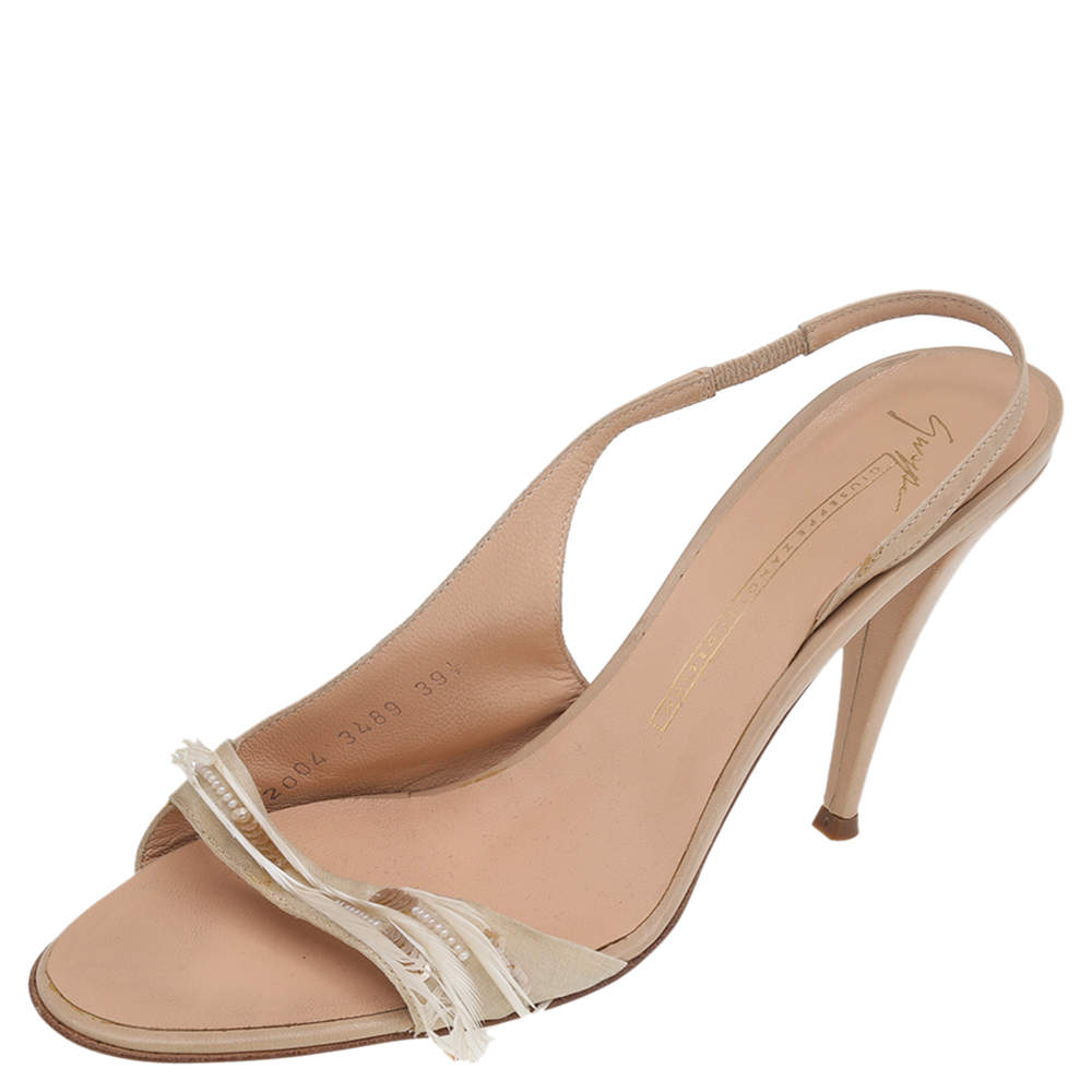مملوكة مسبقًا Giuseppe Zanotti Beige Leather Embellished Slingback Sandals Size 39.5