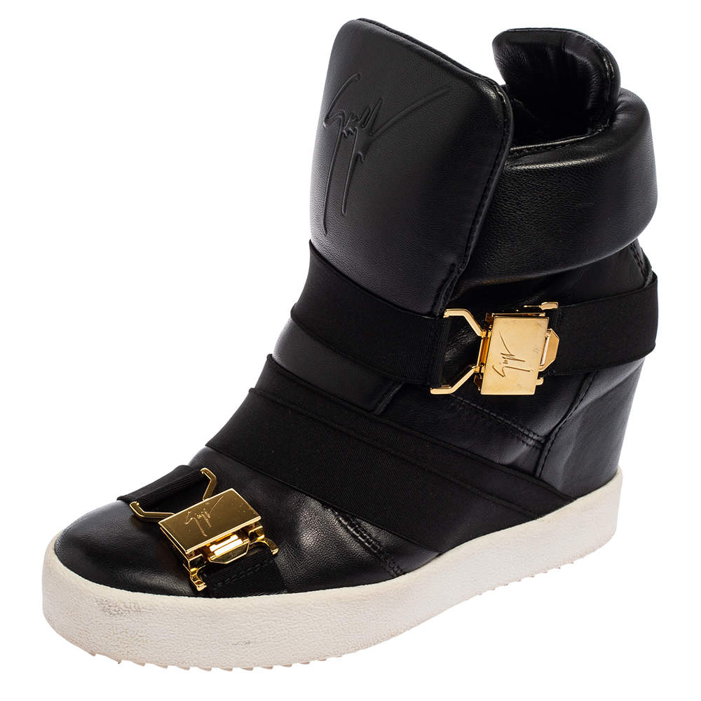Pre Owned Giuseppe Zanotti Black Leather Double Buckle Wedge Sneakers Size 37