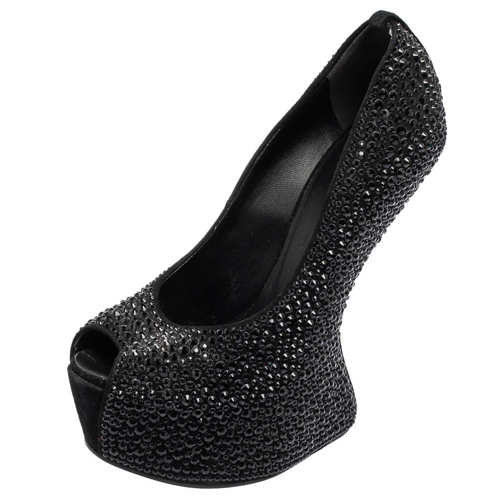 Pre Owned Giuseppe Zanotti Black Crystal Embellished Suede Heelless Peep Toe Platform Pumps Size 37