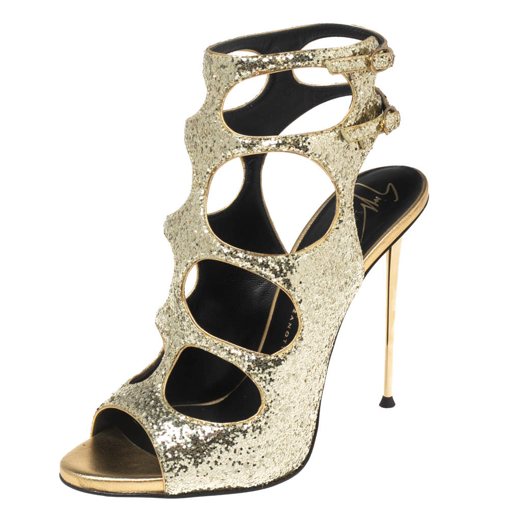 Pre Owned Giuseppe Zanotti Gold Glitter Cutout Ankle Sandals Size 37