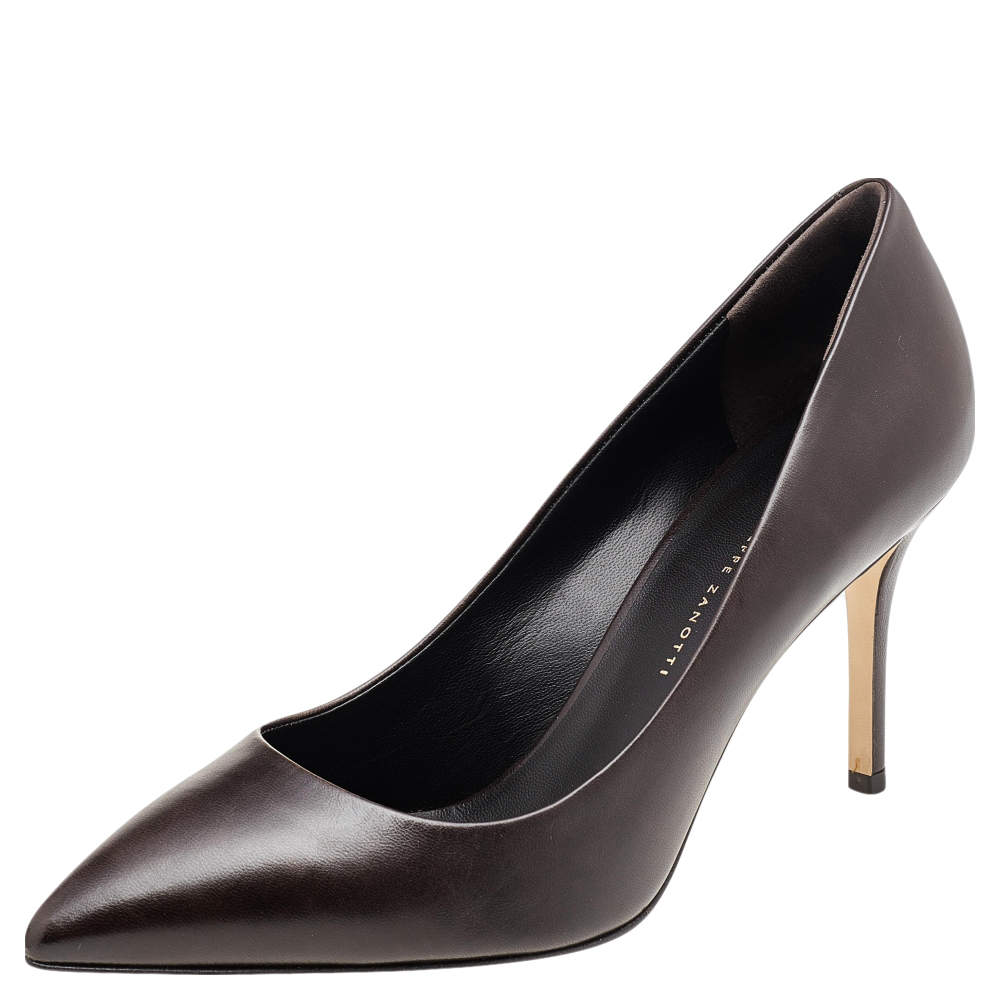 Pre Owned Giuseppe Zanotti Dark Brown Leather Pointed Toe Pumps Size 38.5