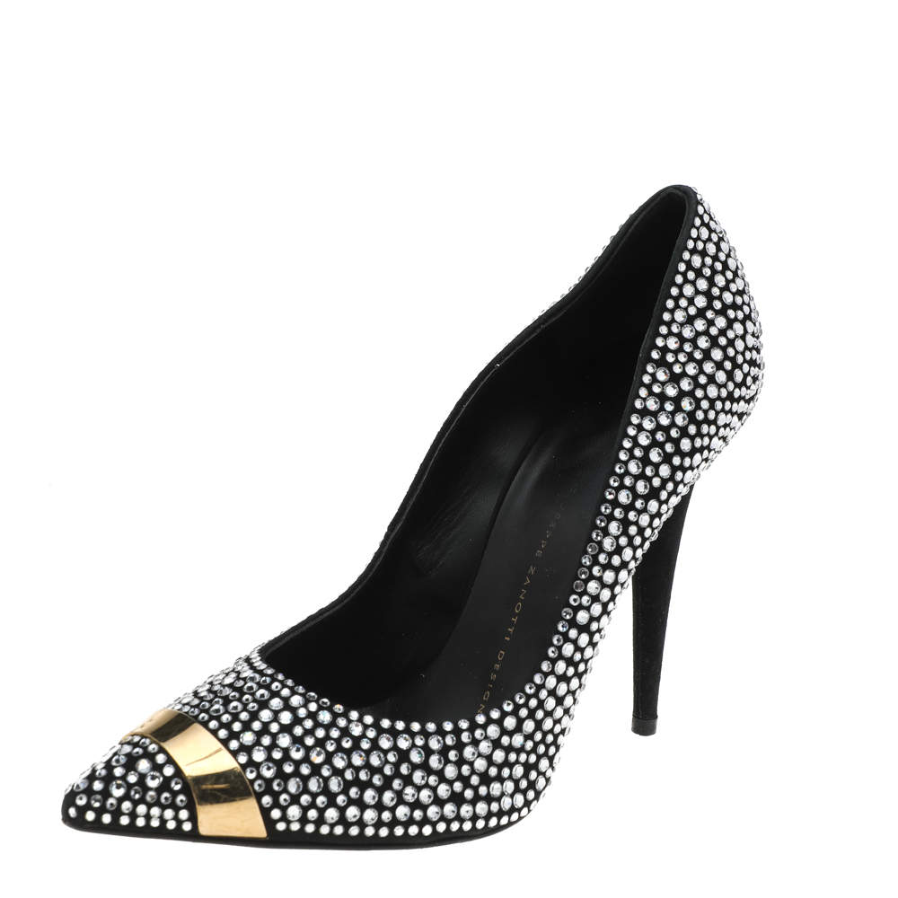 Giuseppe Zanotti Black Crystal Embellished Suede Ester Pointed Toe Pumps Size 38