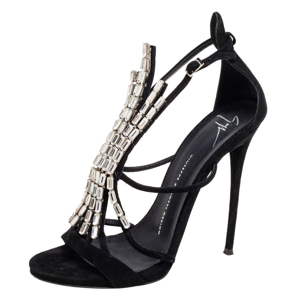 Pre Owned Giuseppe Zanotti Black Suede Crystal Embellished Sandals Size 39