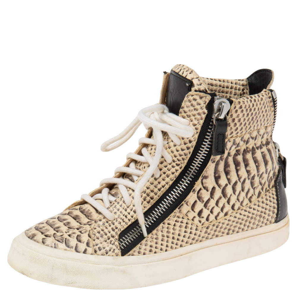 Pre Owned Giuseppe Zanotti Beige/Black Python Embossed Leather High Top Sneakers Size 36