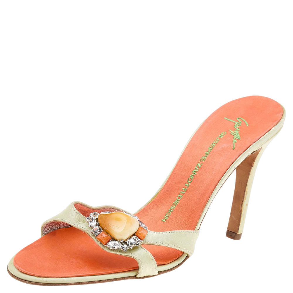 Giuseppe Zanotti Neon Yellow Satin Crystal Embellished Sandals Size 37