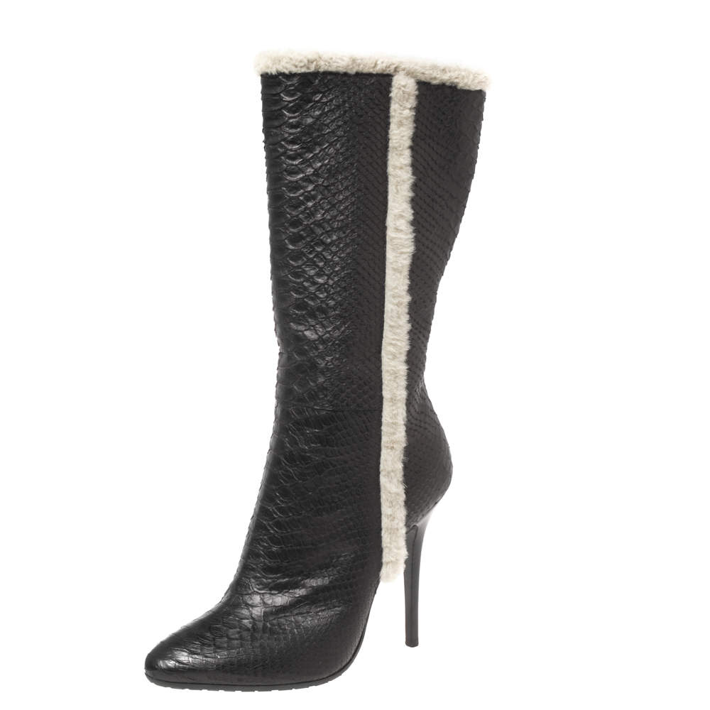 Pre Owned Giuseppe Zanotti Black Python Leather and Fur Mid-Calf Boots Size 38.5