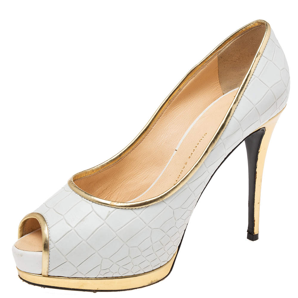 Pre Owned Giuseppe Zanotti White Croc Embossed Leather Peep-Toe Platform Pumps Size 39