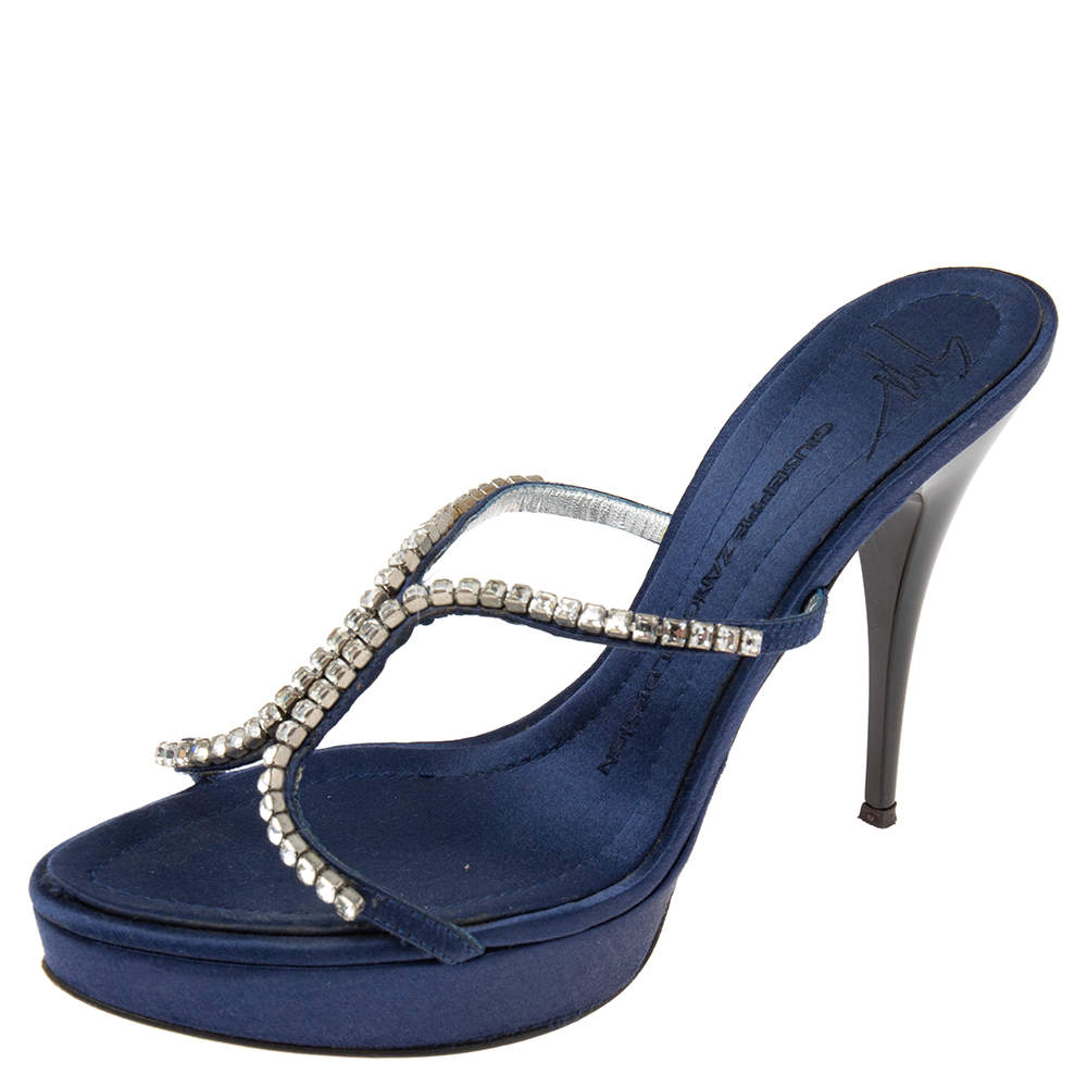 Pre Owned Giuseppe Zanotti Navy Blue Satin Crystal Embellished Platform Slide Sandals Size 37