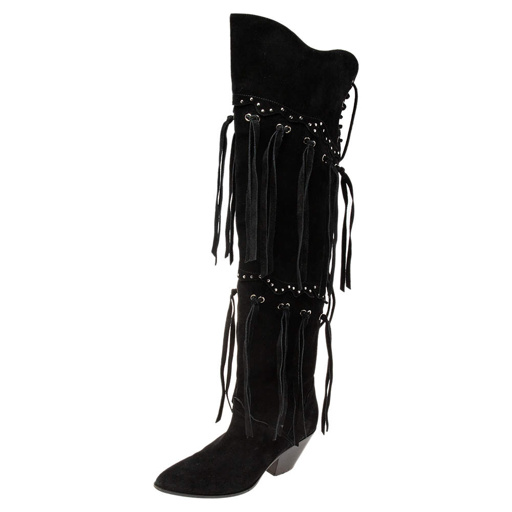 Pre Owned Giuseppe Zanotti Black Suede Lace Up Cowboy Over The Knee Boots Size 39.5