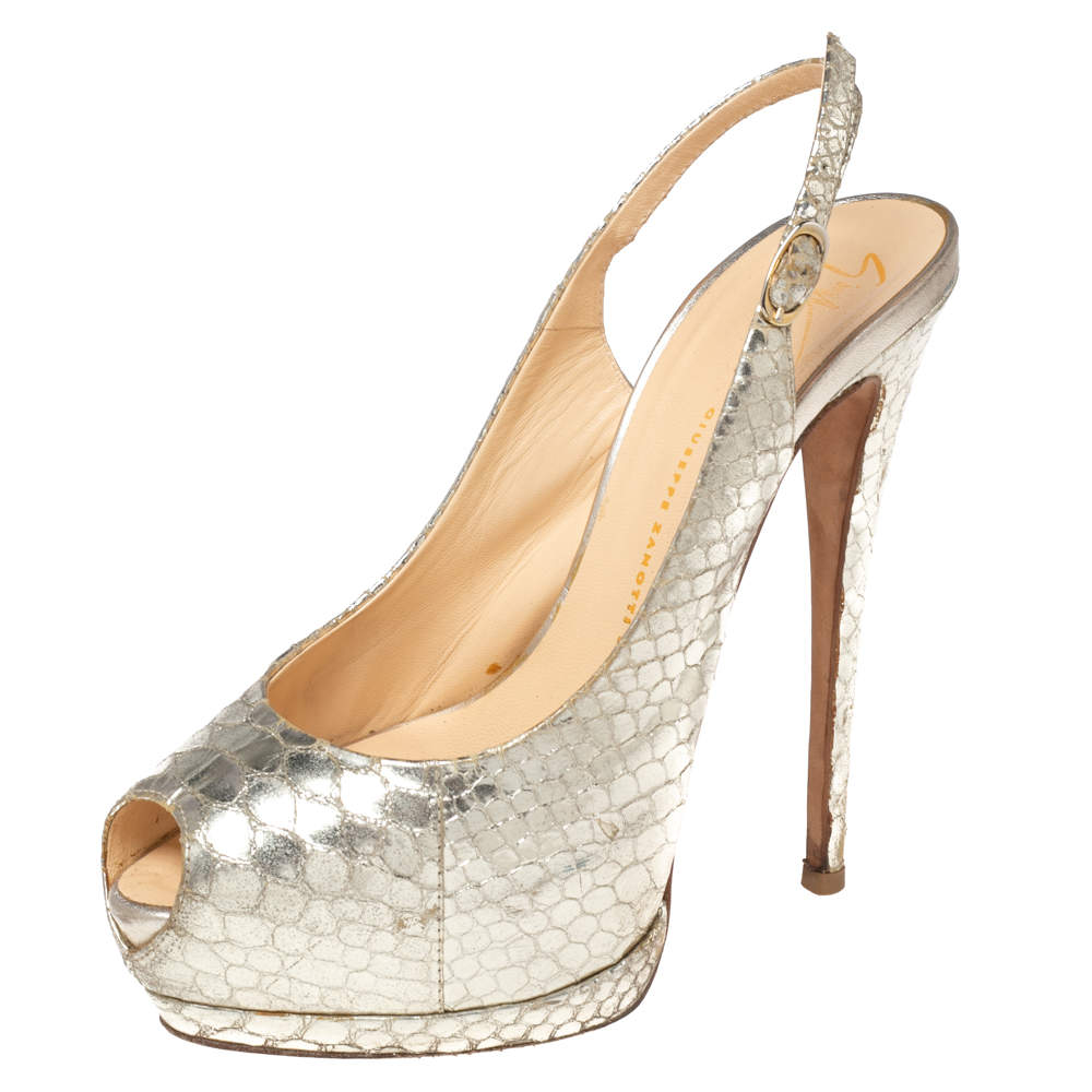Pre Owned Giuseppe Zanotti Gold Python Embossed Leather Peep-Toe Slingback Pumps Size 38
