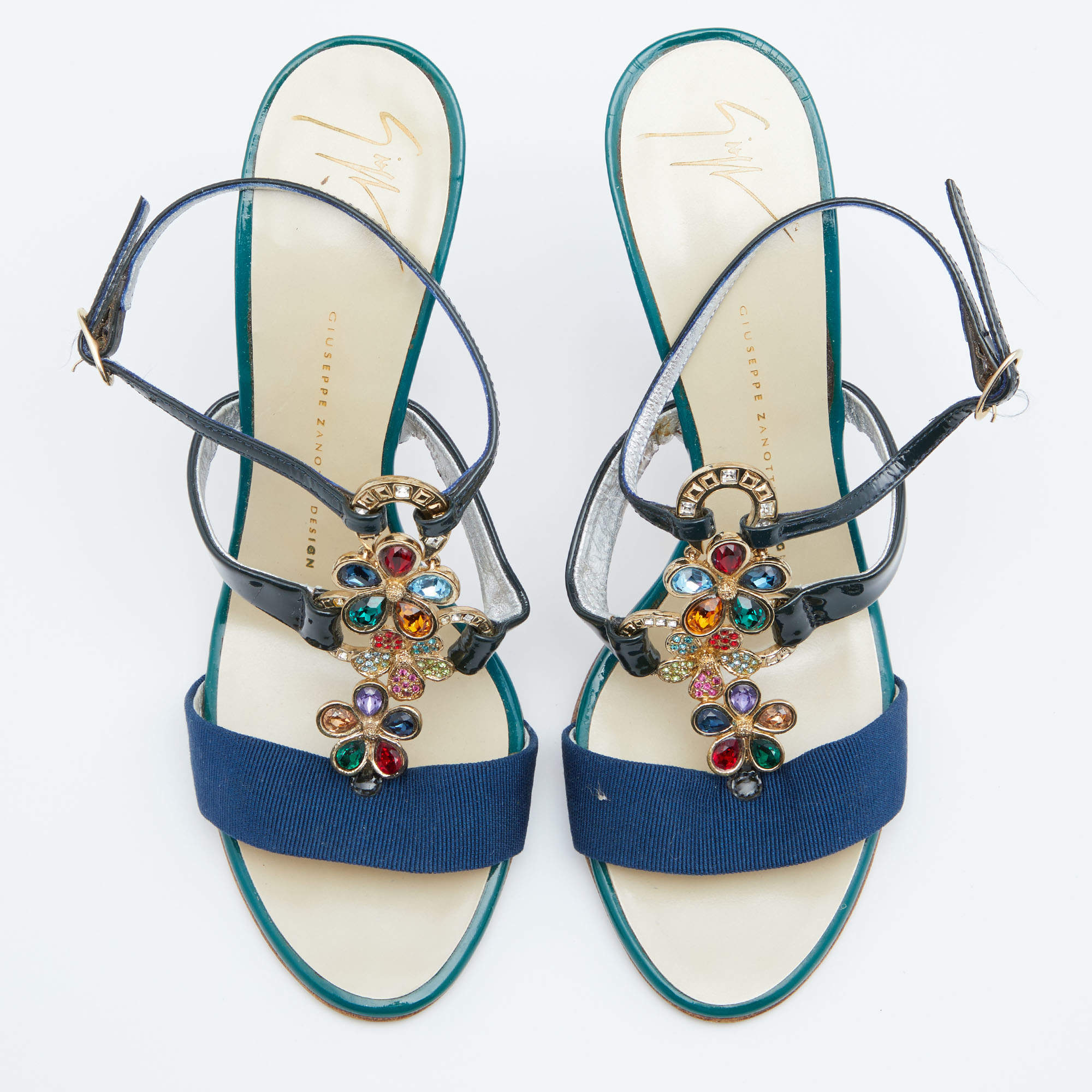 Pre Owned Giuseppe Zanotti Multicolor Patent Leather Crystal Embellished Slingback Sandals Size 37.5