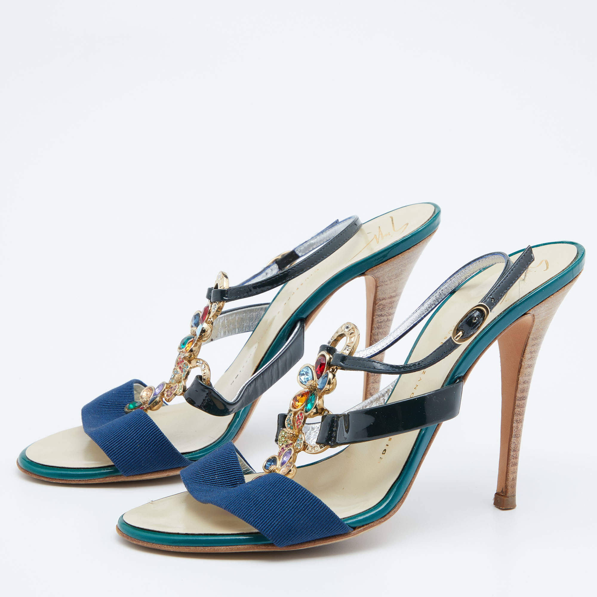 Pre Owned Giuseppe Zanotti Multicolor Patent Leather Crystal Embellished Slingback Sandals Size 37.5