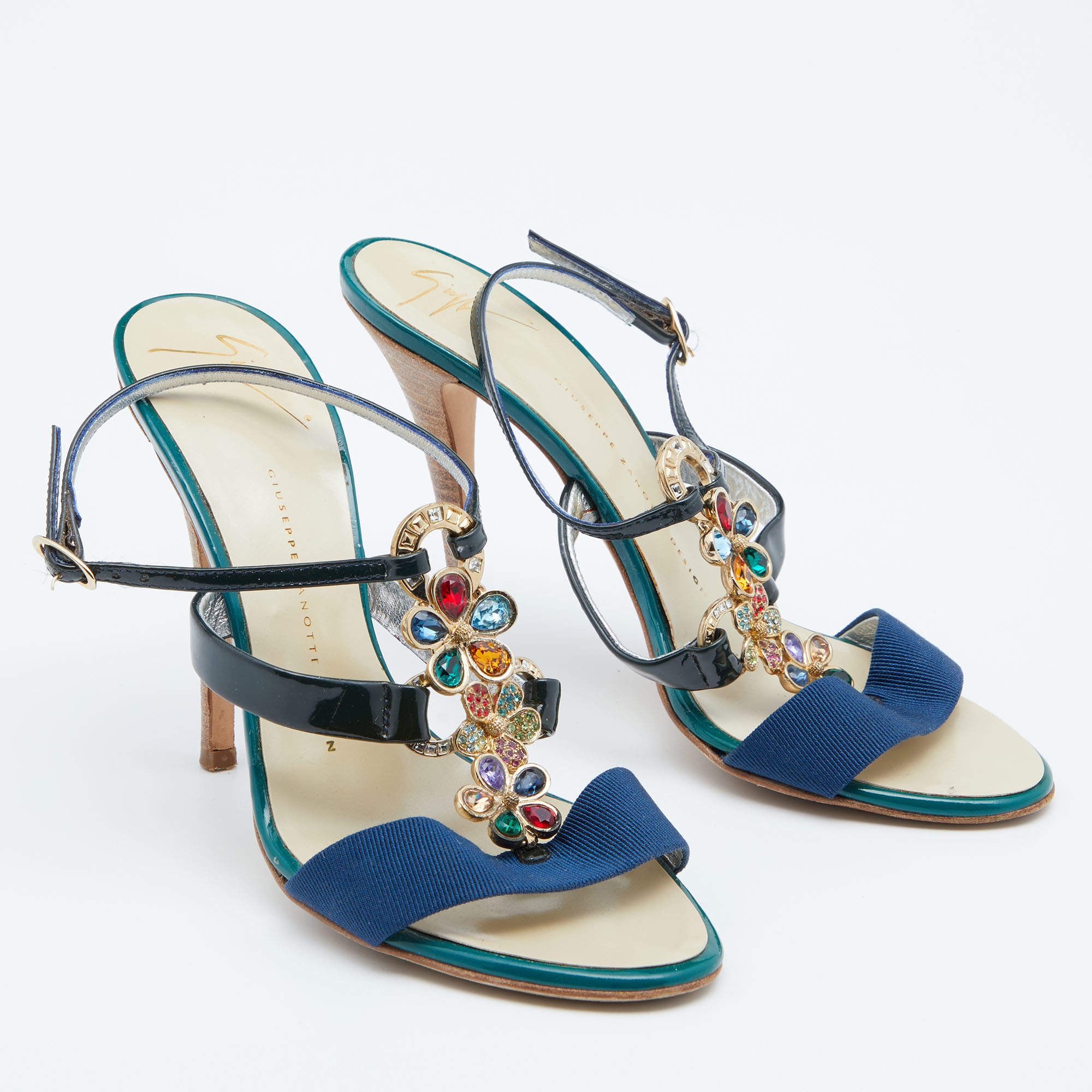 Pre Owned Giuseppe Zanotti Multicolor Patent Leather Crystal Embellished Slingback Sandals Size 37.5