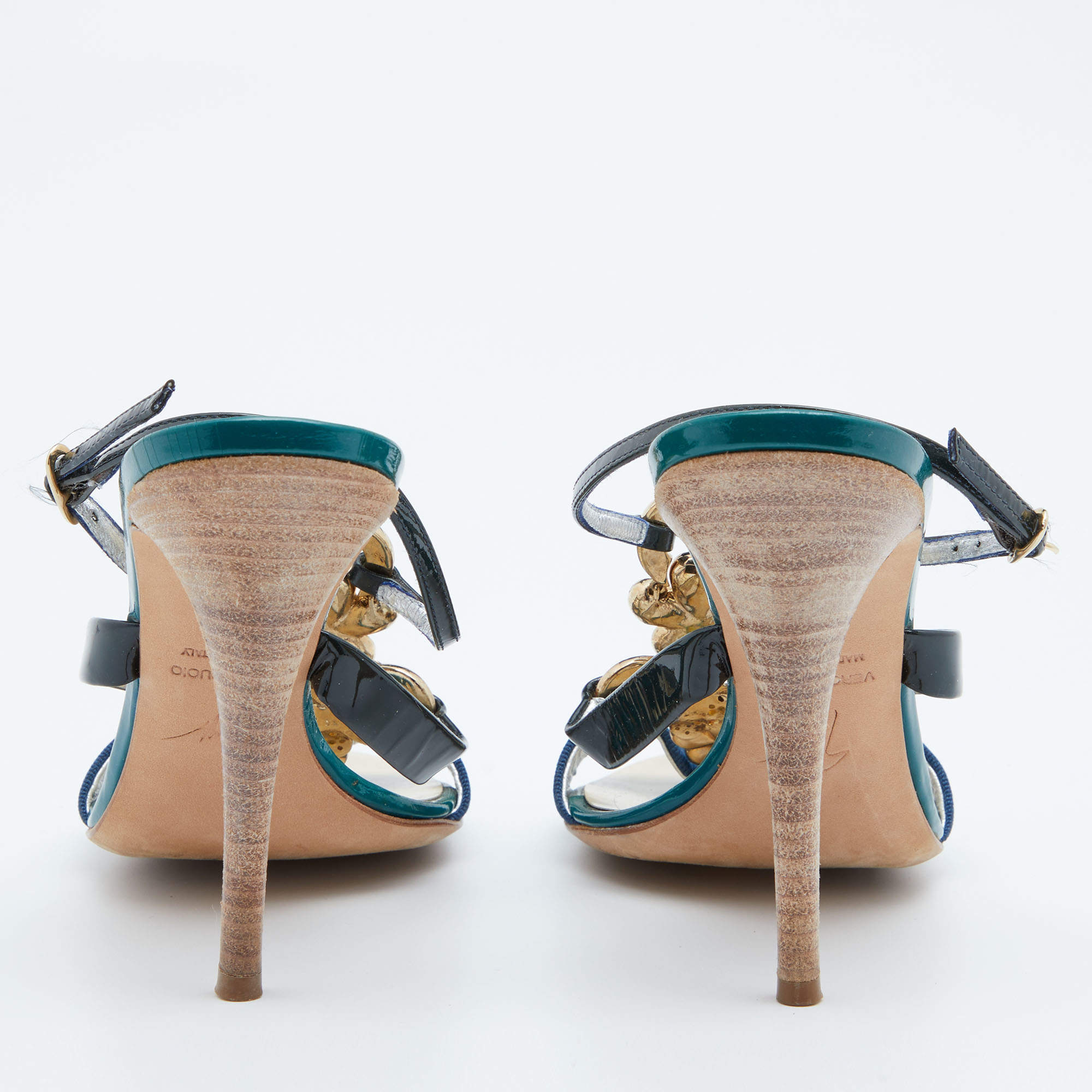 Pre Owned Giuseppe Zanotti Multicolor Patent Leather Crystal Embellished Slingback Sandals Size 37.5