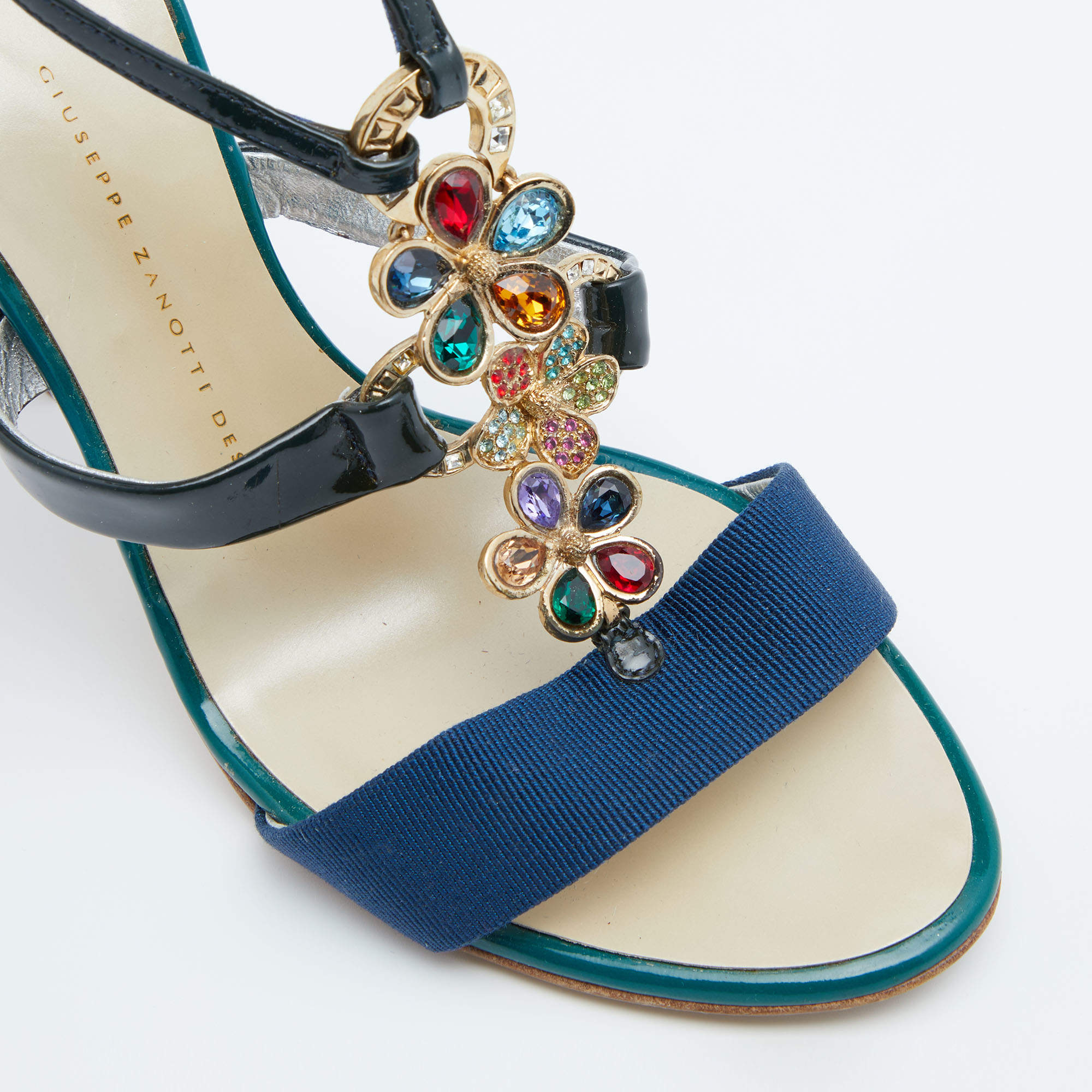Pre Owned Giuseppe Zanotti Multicolor Patent Leather Crystal Embellished Slingback Sandals Size 37.5