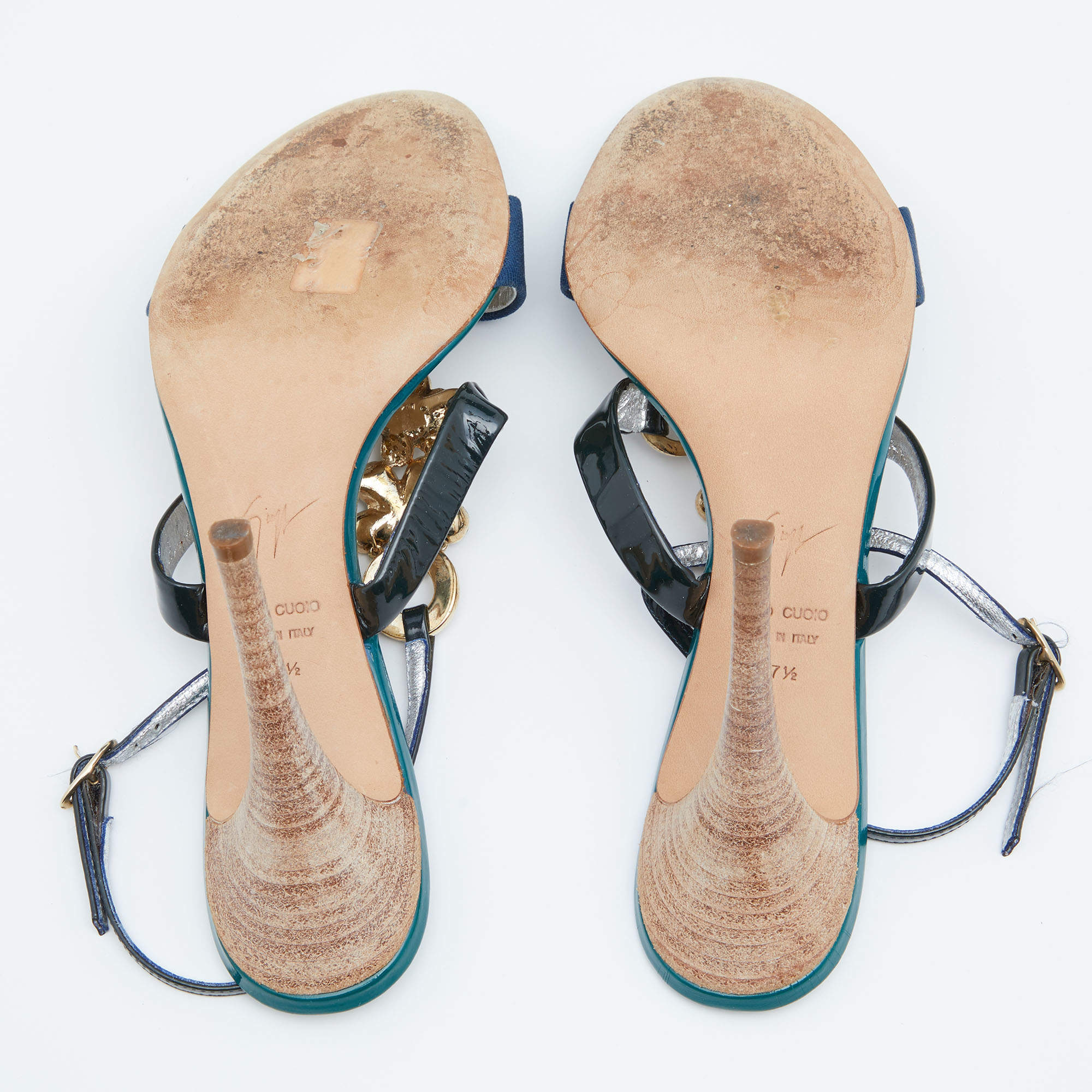 Pre Owned Giuseppe Zanotti Multicolor Patent Leather Crystal Embellished Slingback Sandals Size 37.5