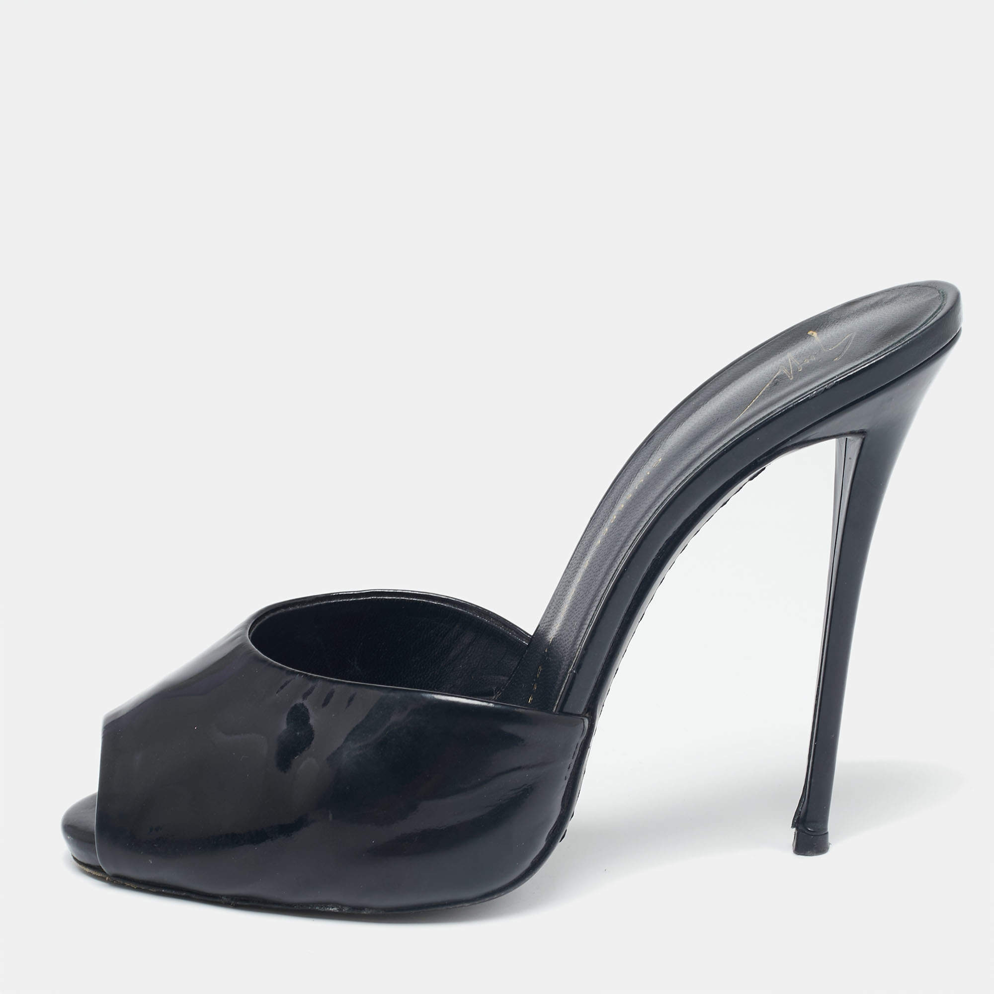 Giuseppe Zanotti Black Patent Leather Peep Toe Mules Size 37.5 Giuseppe  Zanotti
