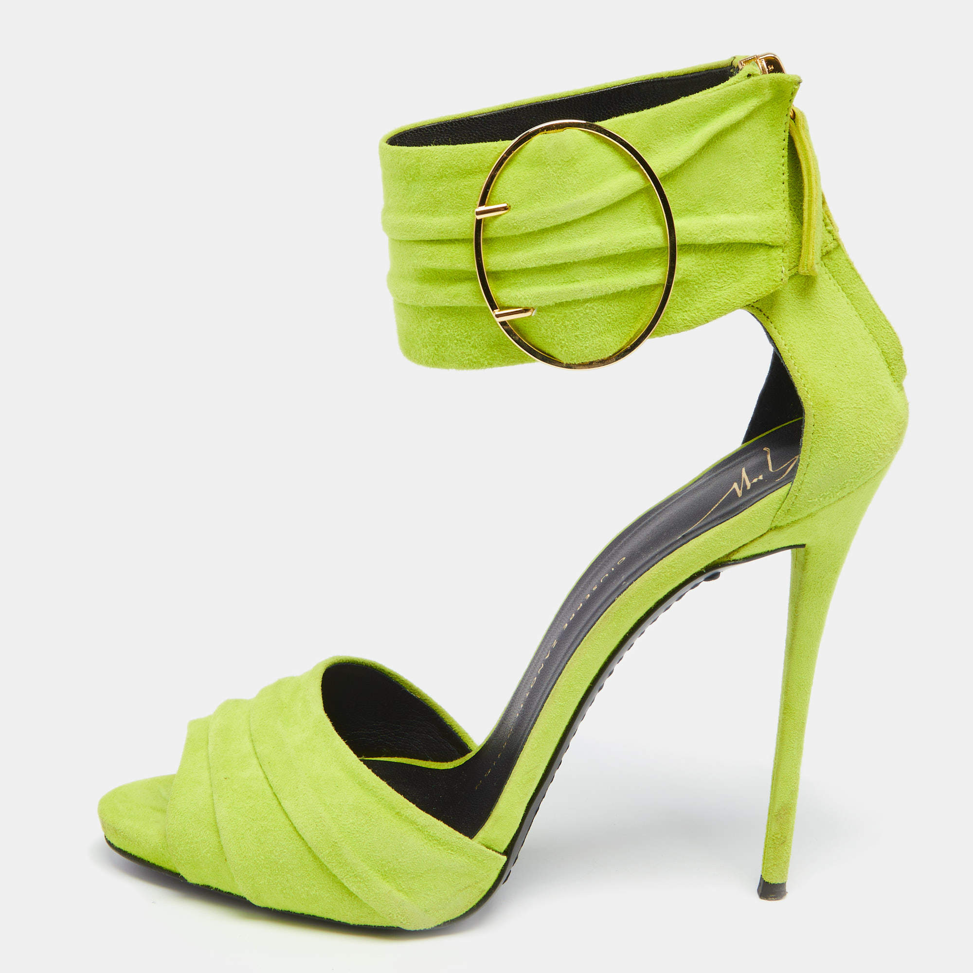 Pre Owned Giuseppe Zanotti Green Suede Open Toe Ankle Cuff Sandals Size 37.5