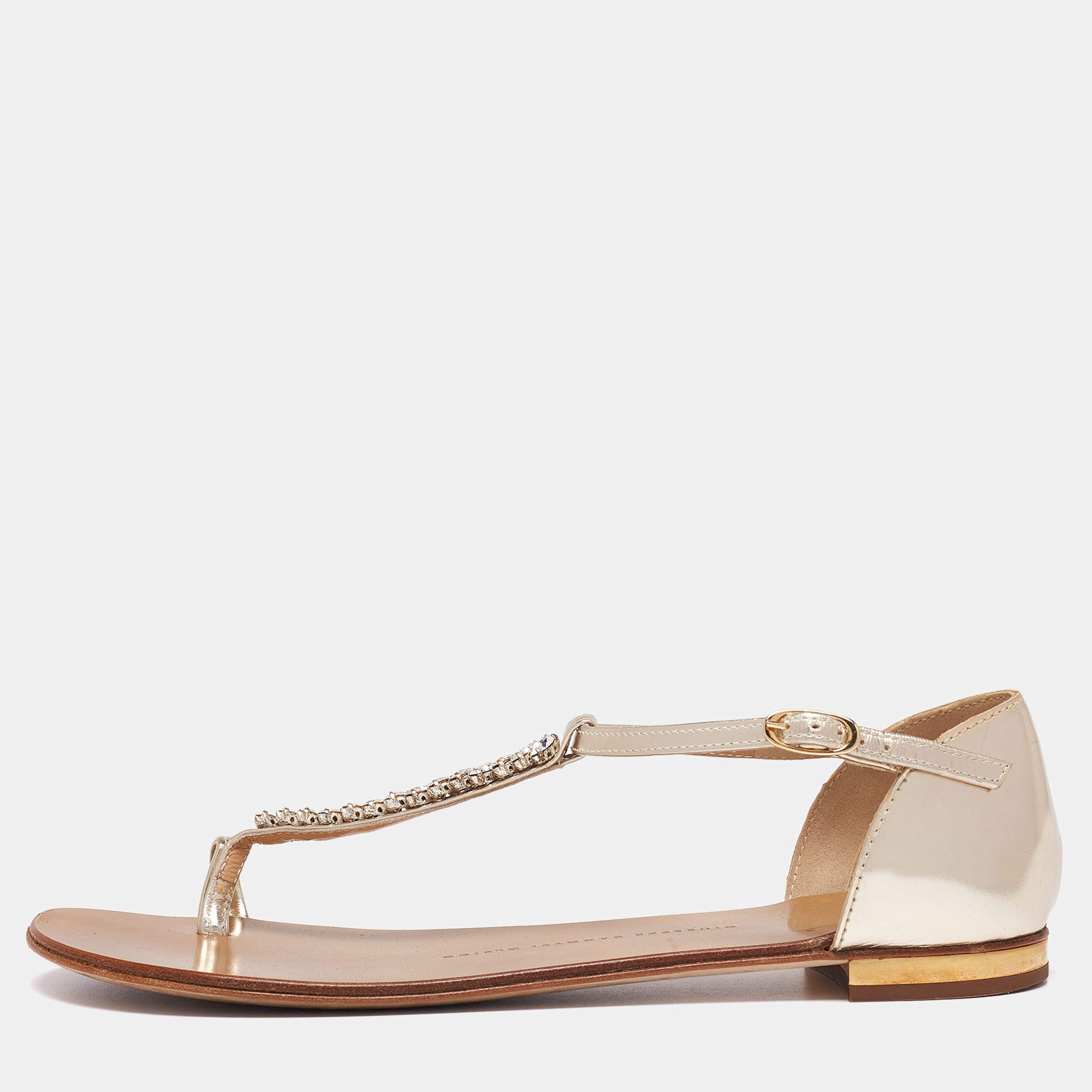 Pre Owned Giuseppe Zanotti Silver Leather T Strap Crystal Embellished Flat Sandals Size 38