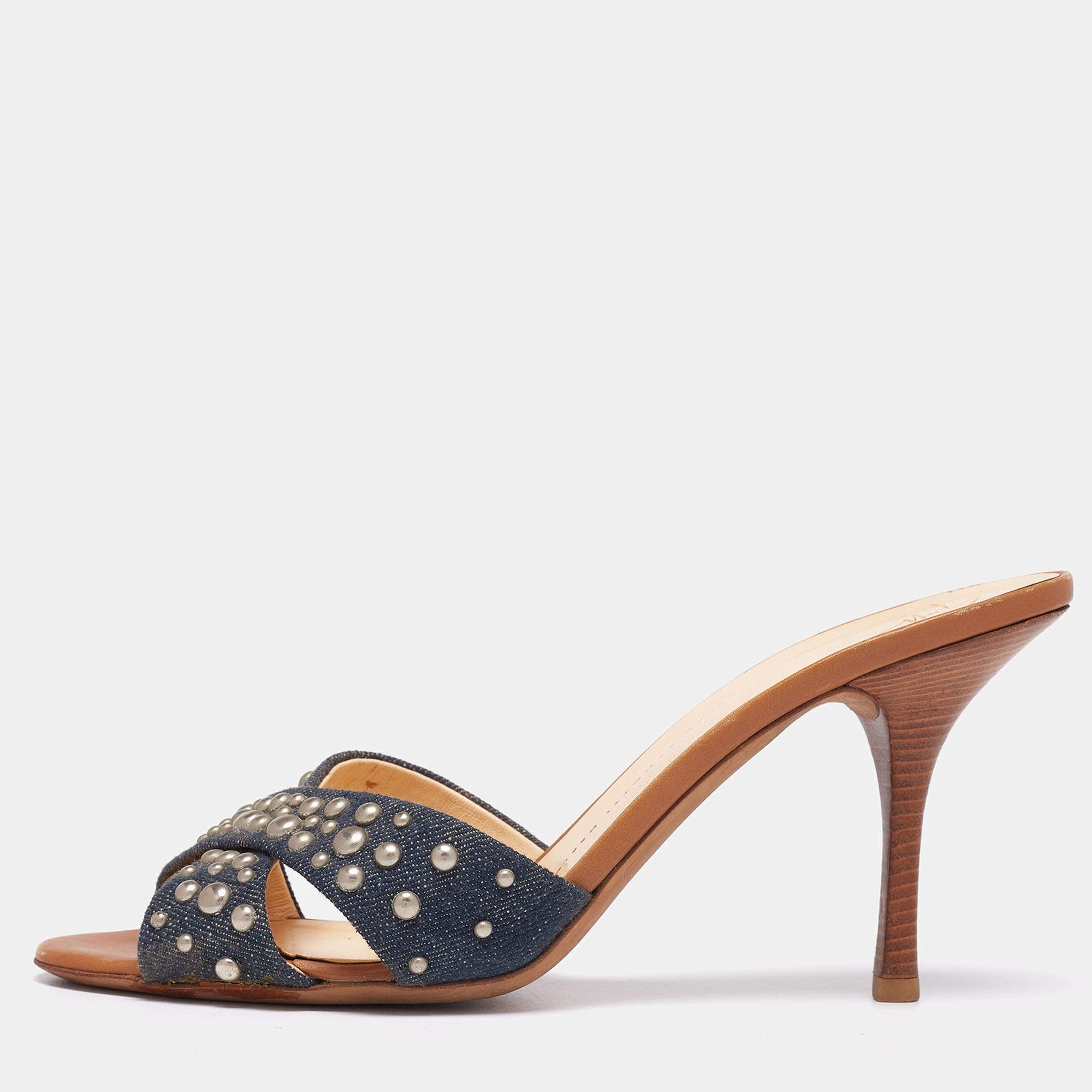 Giuseppe Zanotti Blue Denim and Tan Leather Studded Slide Sandals Size 40 