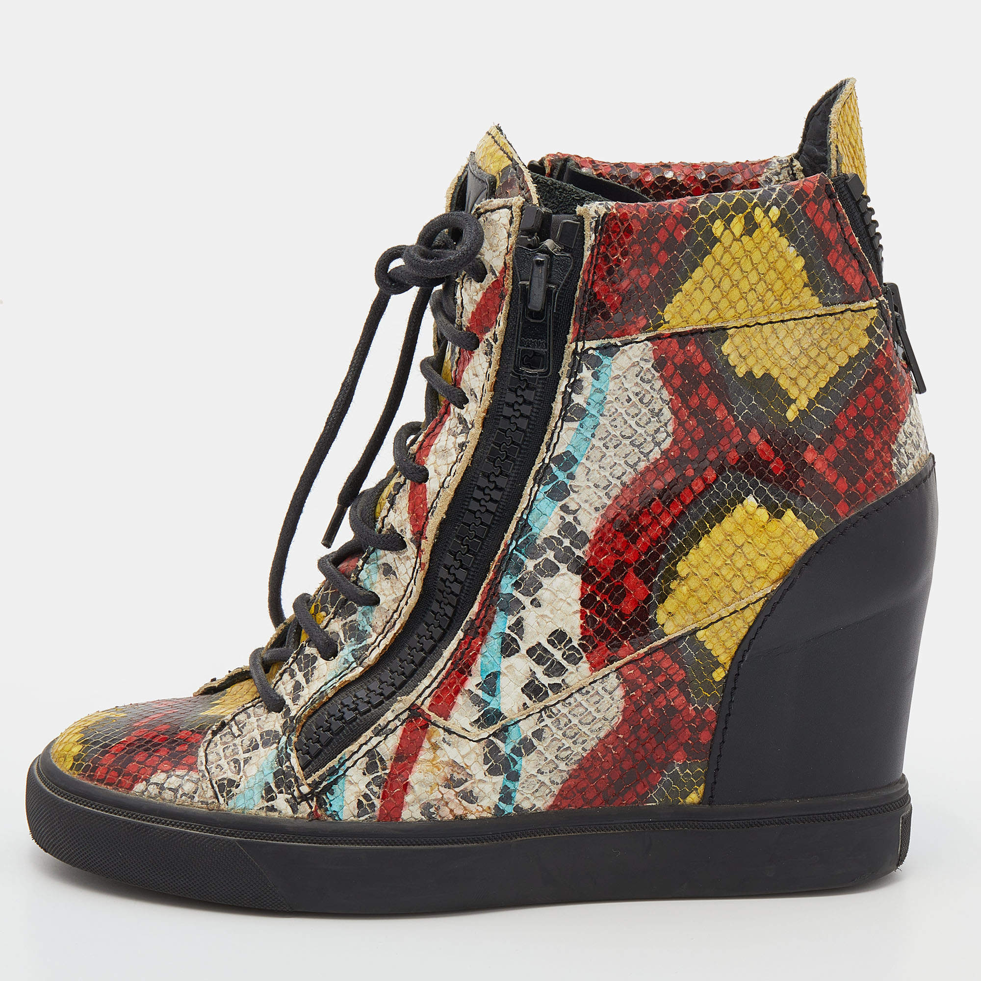 Giuseppe Zanotti Multicolor Snakeskin Embossed Leather High Toe Wedge Sneakers Size 39