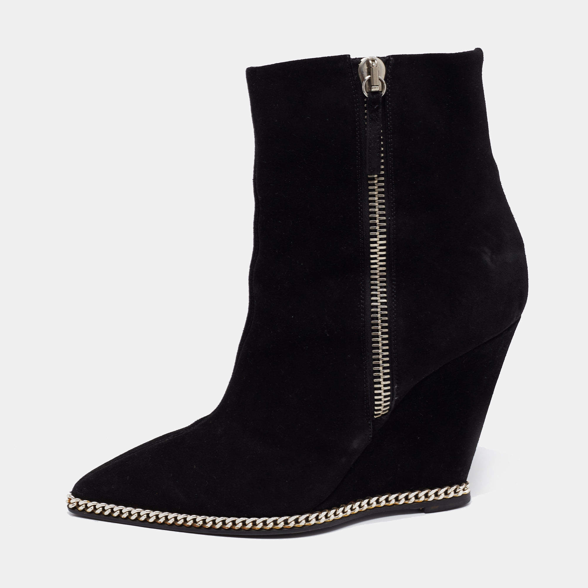 Pre Owned Giuseppe Zanotti Black Suede Jardine Chain Trim Wedge Ankle Boots Size 38